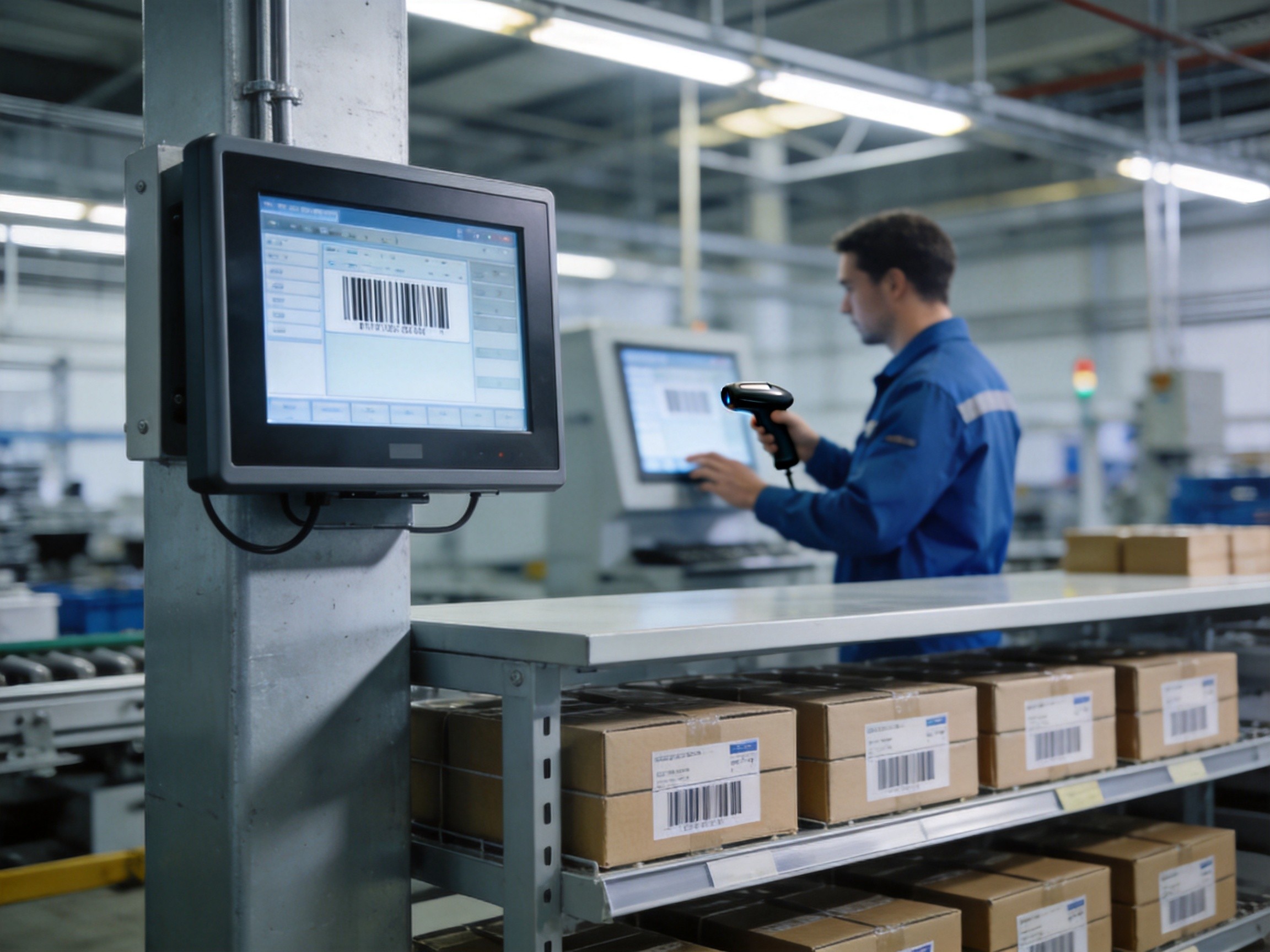 工业平板电脑壁挂安装在仓储工位上的场景