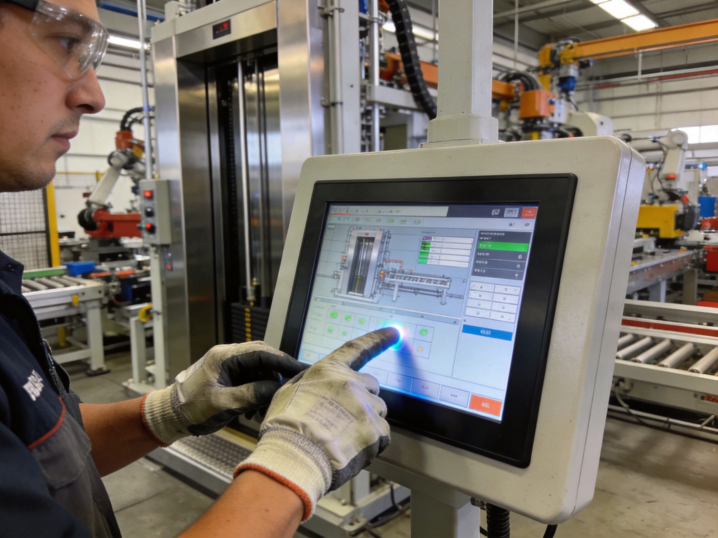 操作人员使用触控终端查看产线状态 Factory worker operating touch screen terminal