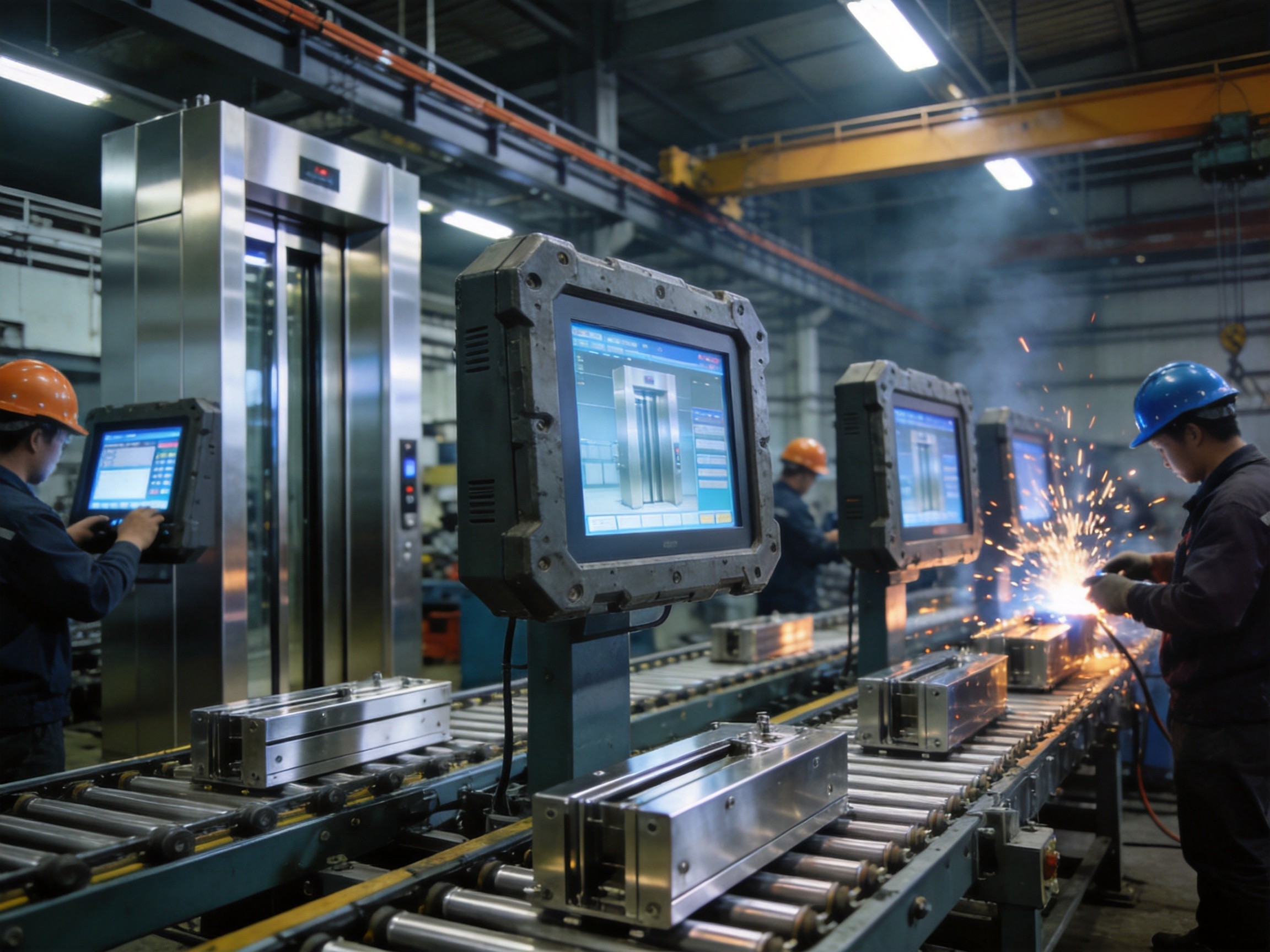 电梯制造产线工位可视化监控场景 Elevator production line with industrial monitoring screens