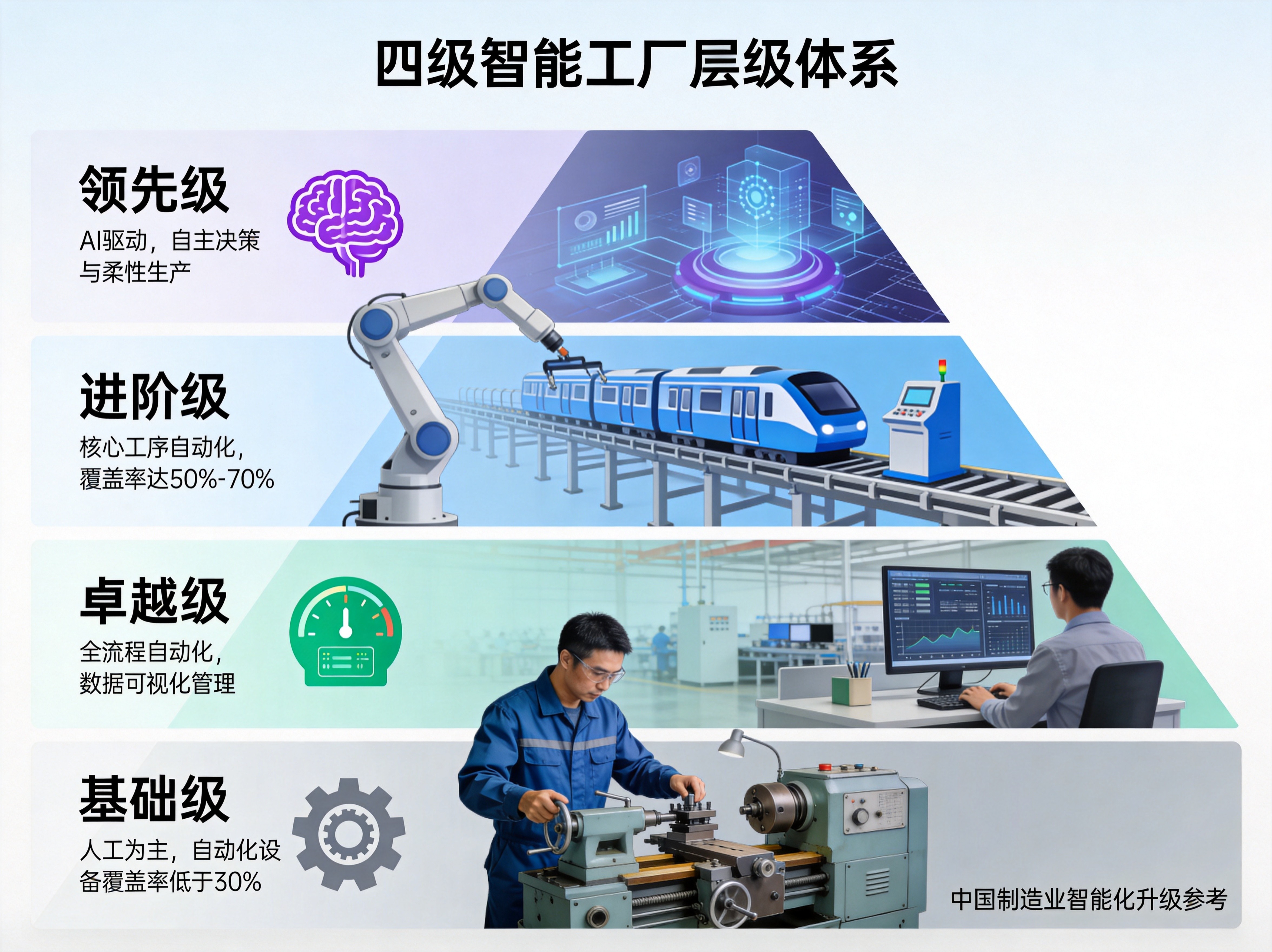 四级智能工厂梯度培育体系金字塔模型 智能工厂四级体系示意图