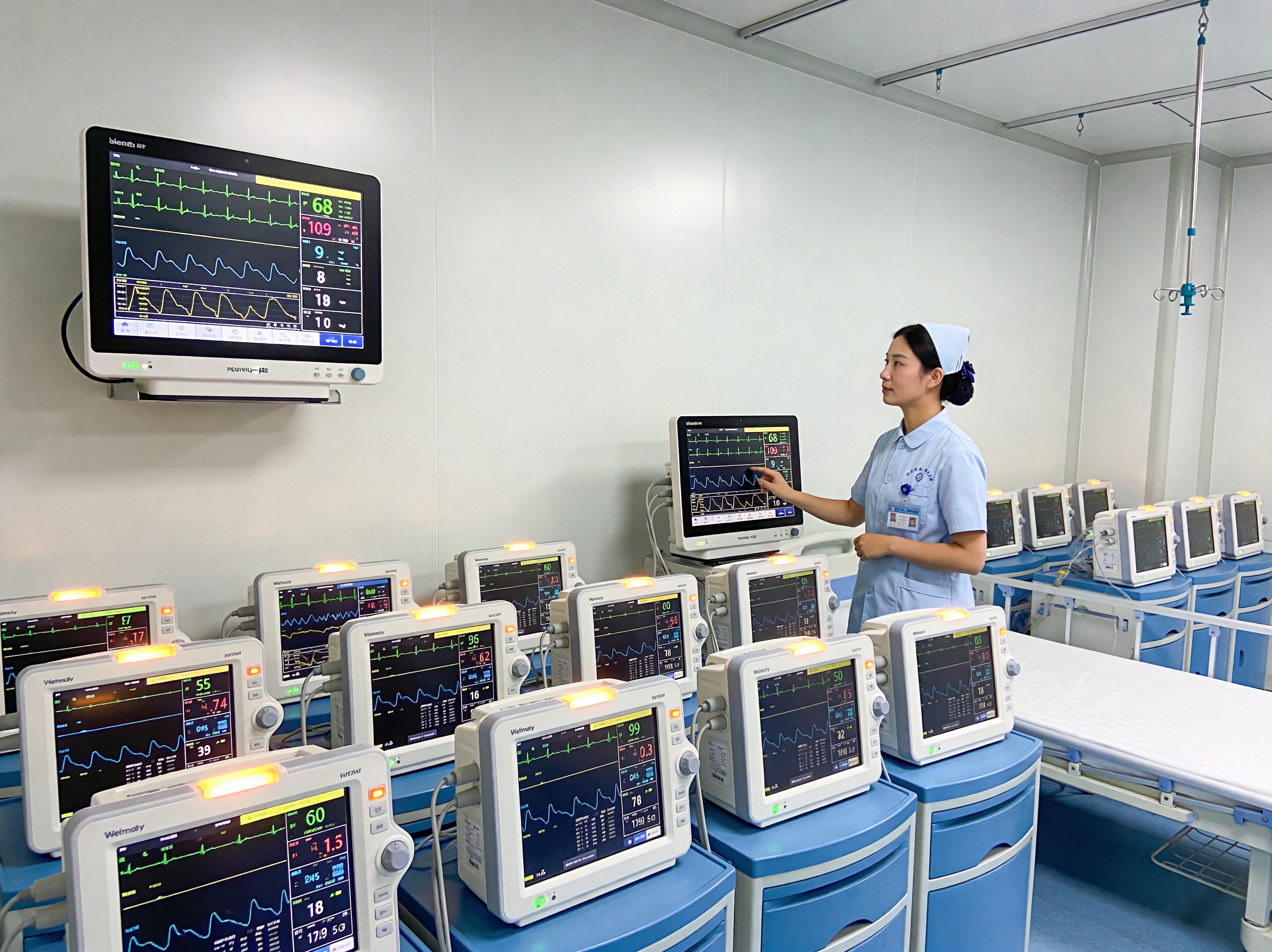 重症监护室通过壁挂式显示终端实时监测患者生命体征 重症监护室场景