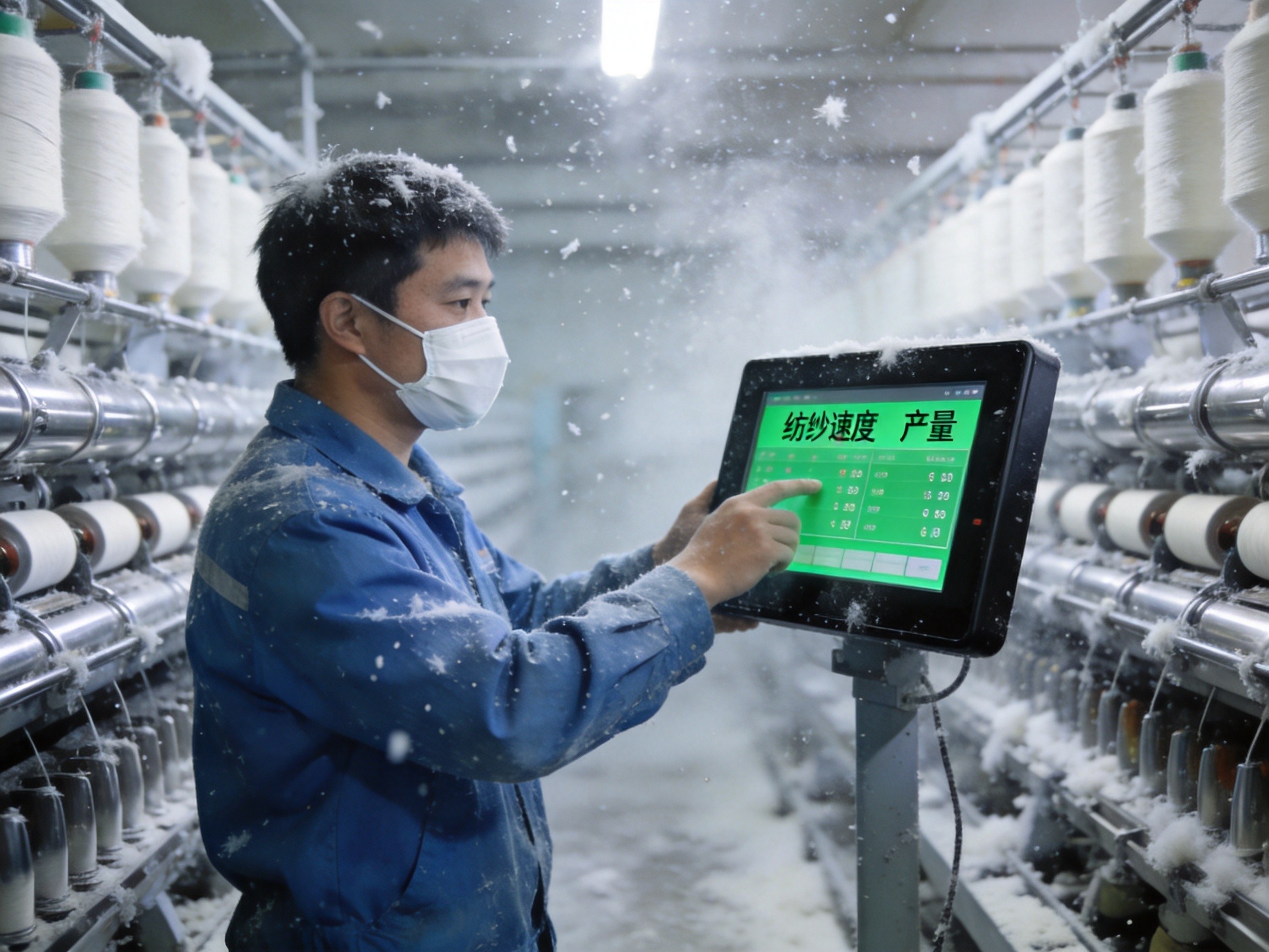 纺织工人通过工业控制终端监控纺纱生产过程 纺织工人操作场景