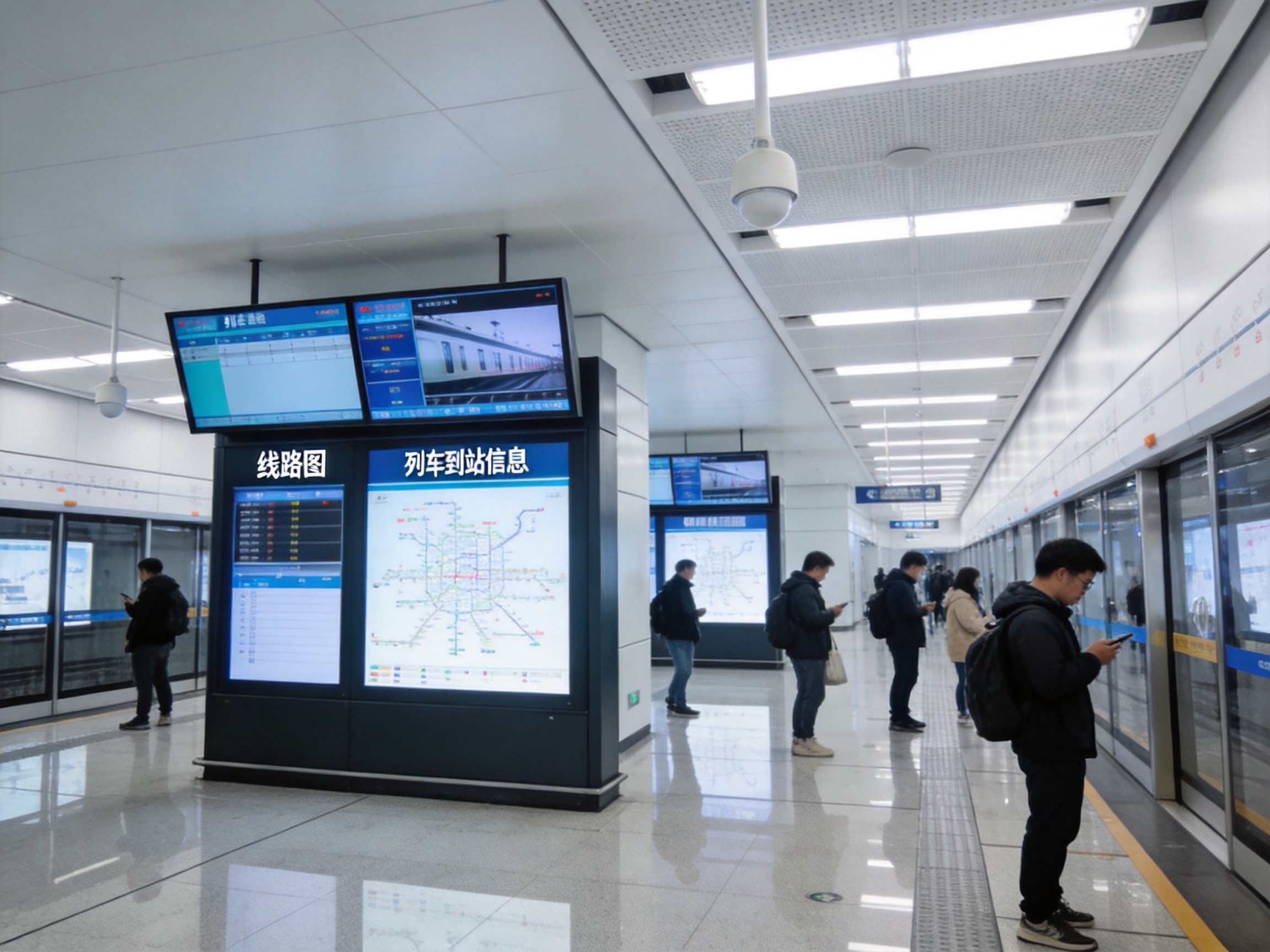 地铁站台的信息显示终端为乘客提供实时列车信息 地铁站台场景