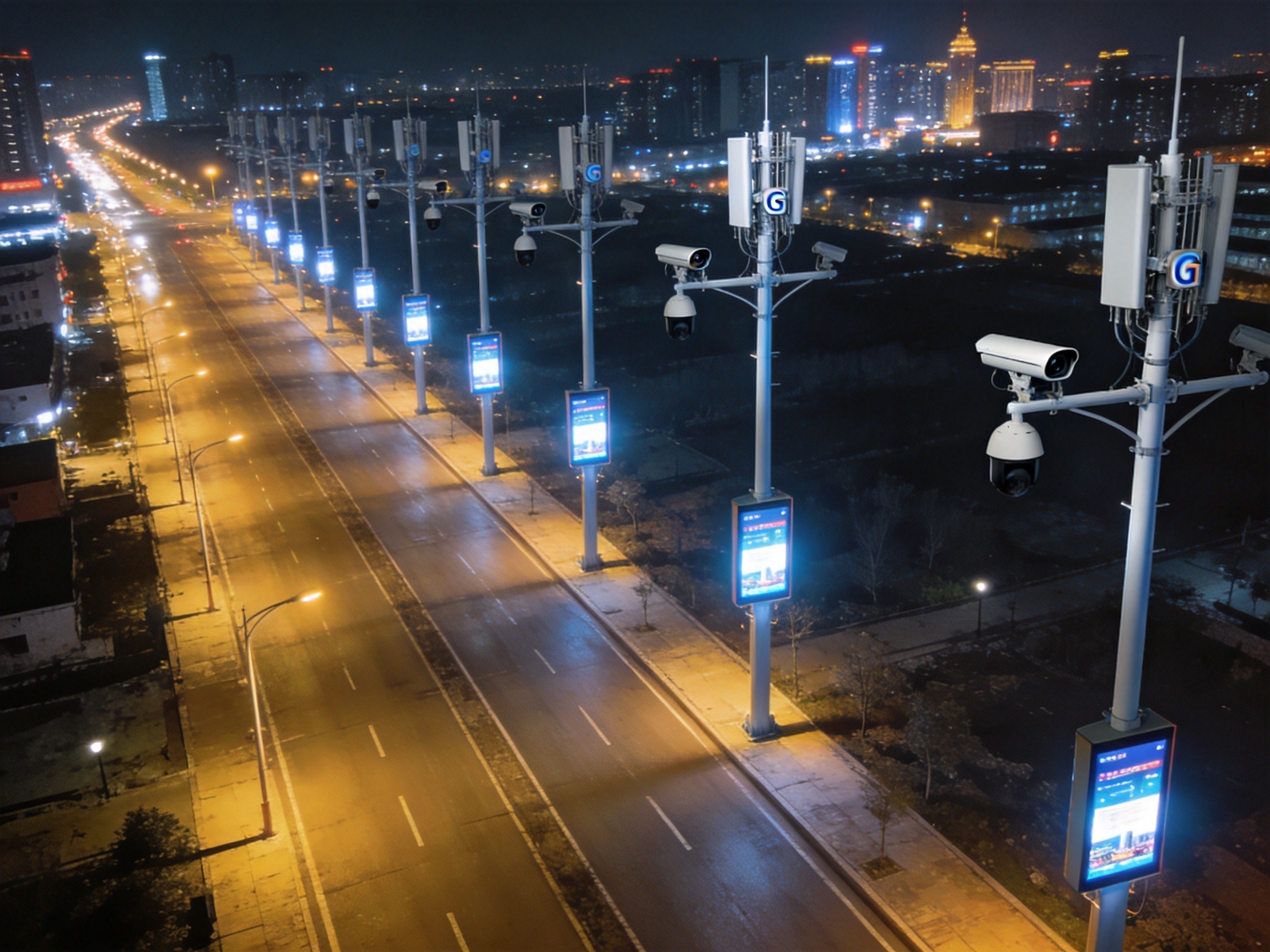 城市道路两侧的智慧灯杆夜景 城市智慧灯杆夜景实拍