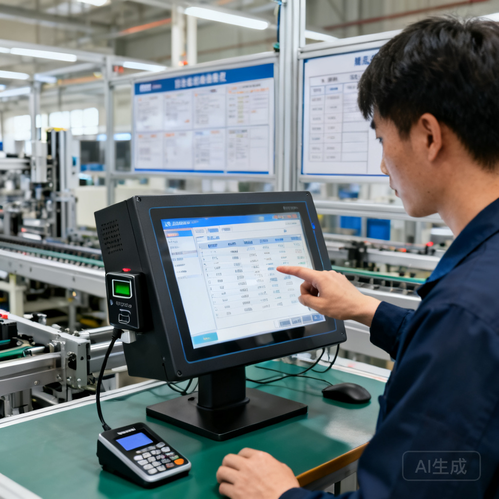 智能制造MES工位工人在嵌入式工控一体机触屏上刷卡录入工单报工