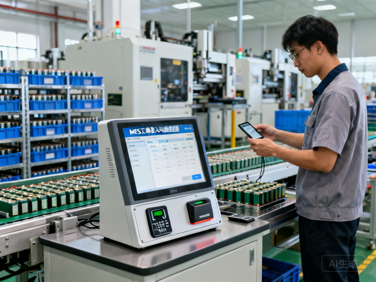 工人在MES工位嵌入式工业平板一体机上刷卡扫码录入工单完成报工
