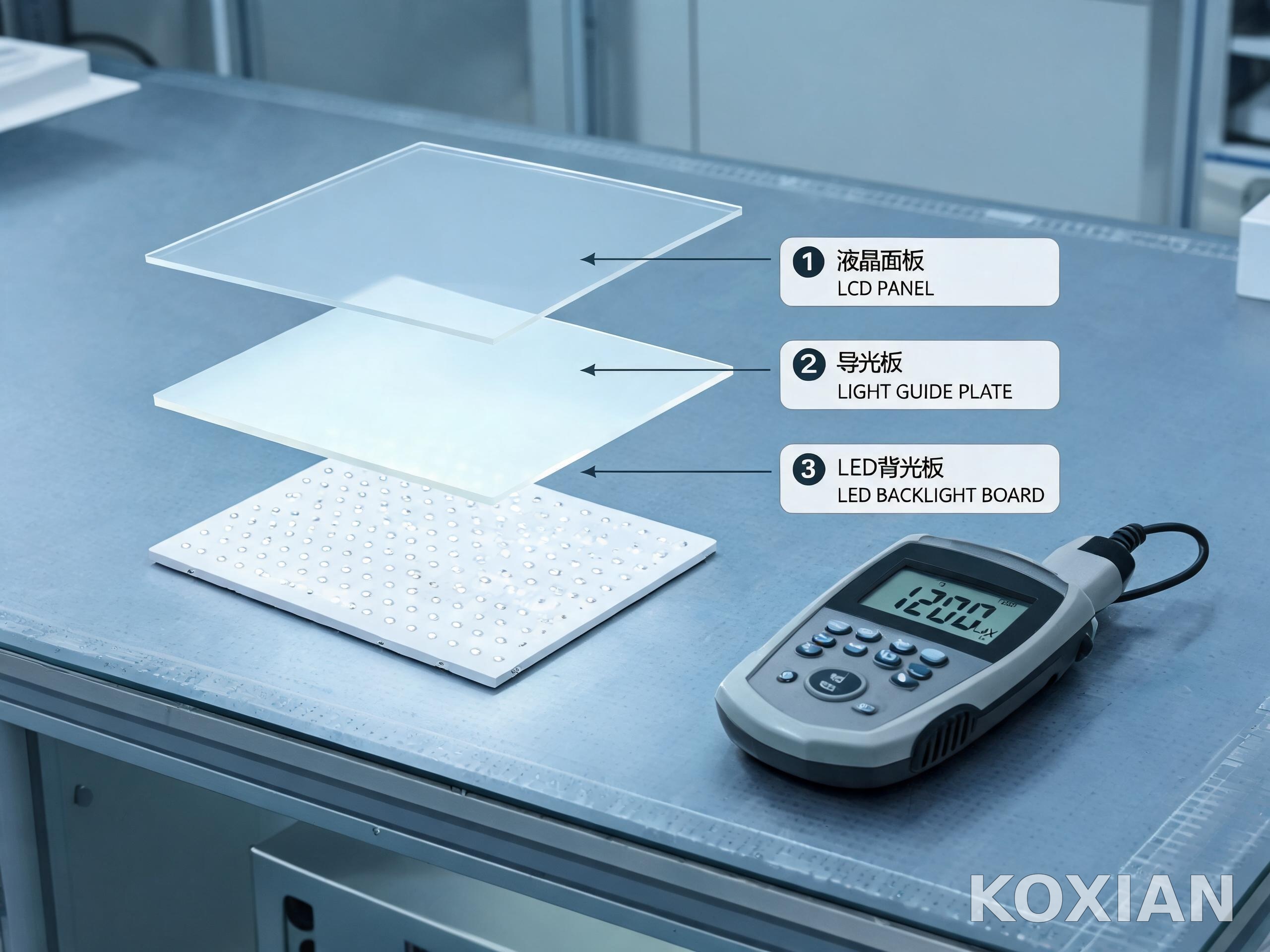 LED背光模組燈珠背光板導光板與液晶面板的分層結構特寫