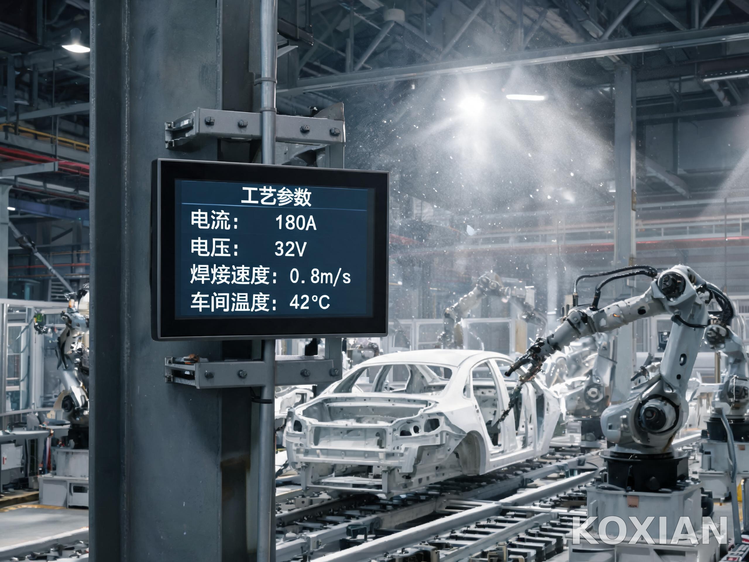 汽車焊裝車間強光高塵環(huán)境中壁掛安裝的工業(yè)顯示屏工況場景