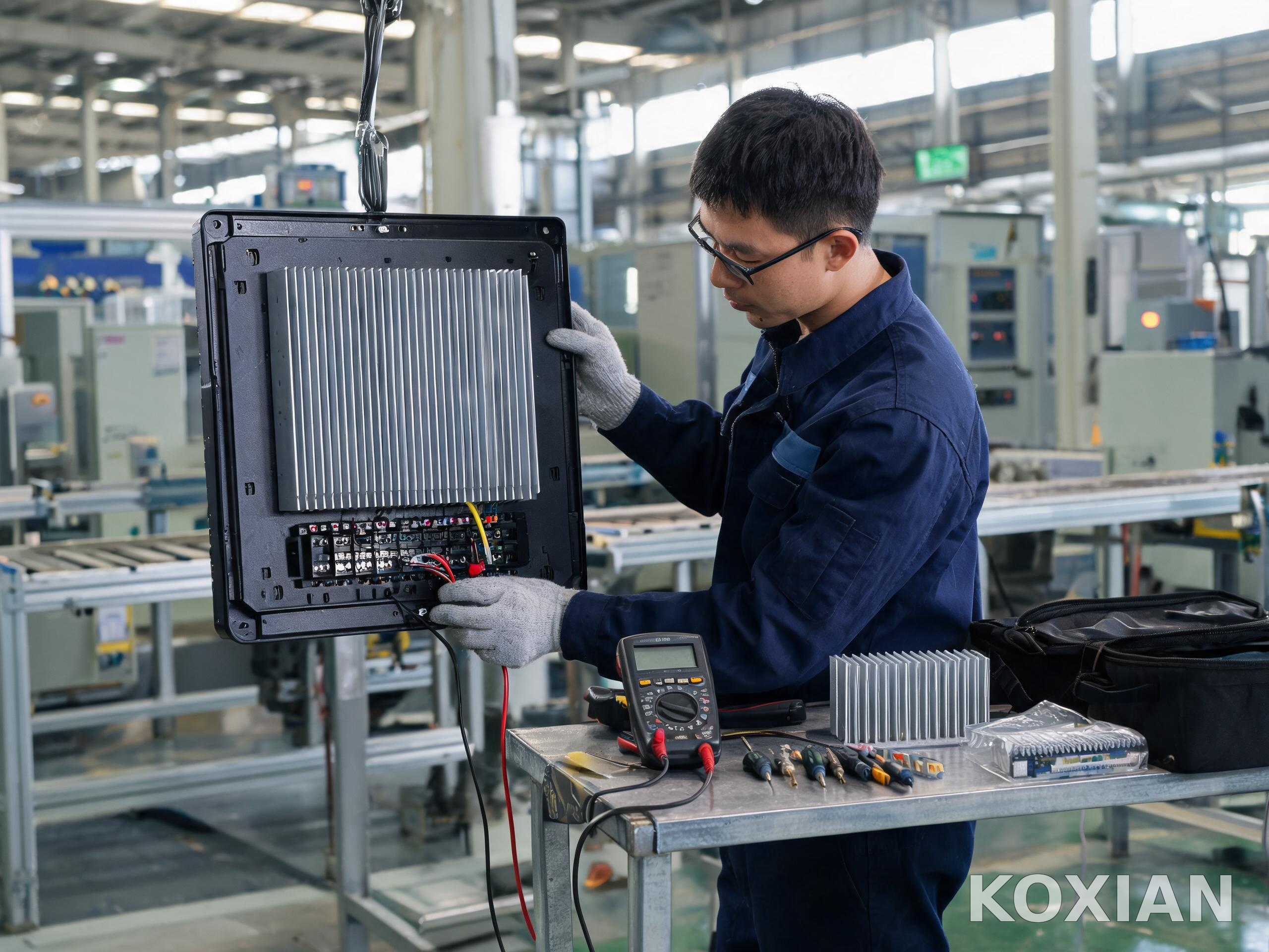 工程師檢修工業(yè)顯示終端背面散熱鰭片與接線端子的維保場景