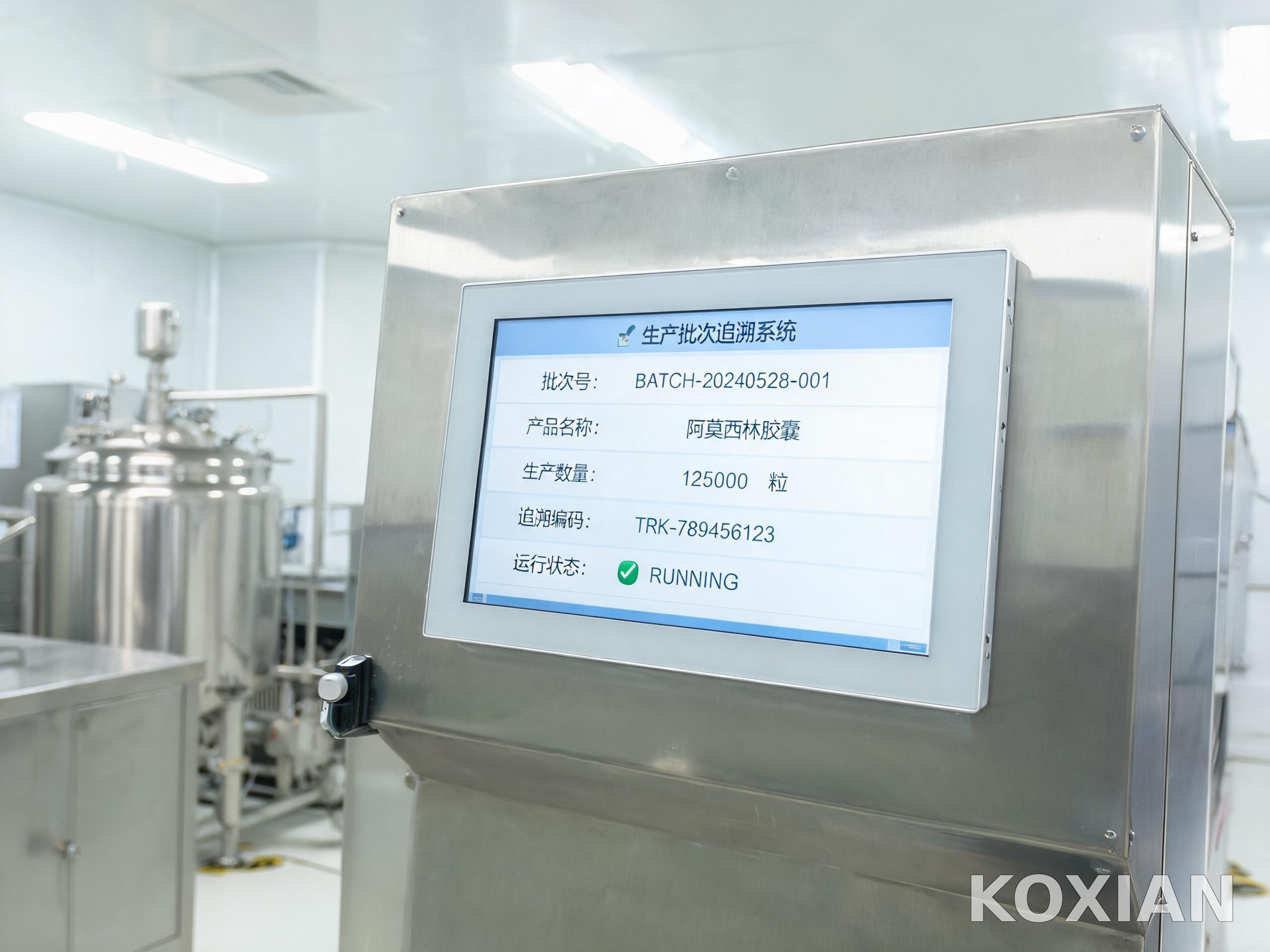 工業級觸摸平板電腦嵌入式安裝在醫藥潔凈車間不銹鋼設備面板上用于批次追溯