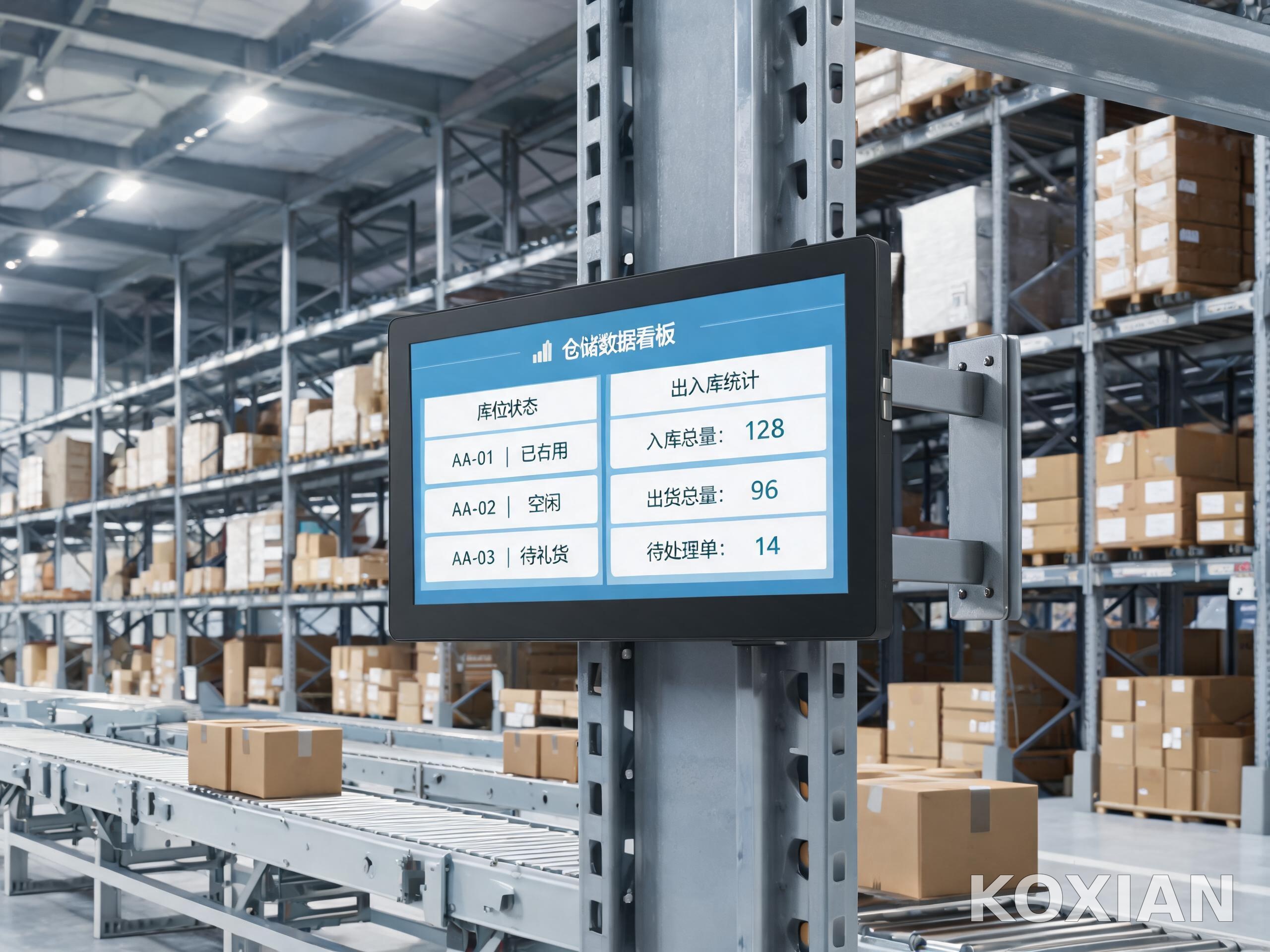 工業級觸摸平板電腦壁掛安裝于智慧倉儲分揀工位顯示庫位與出入庫數據看板