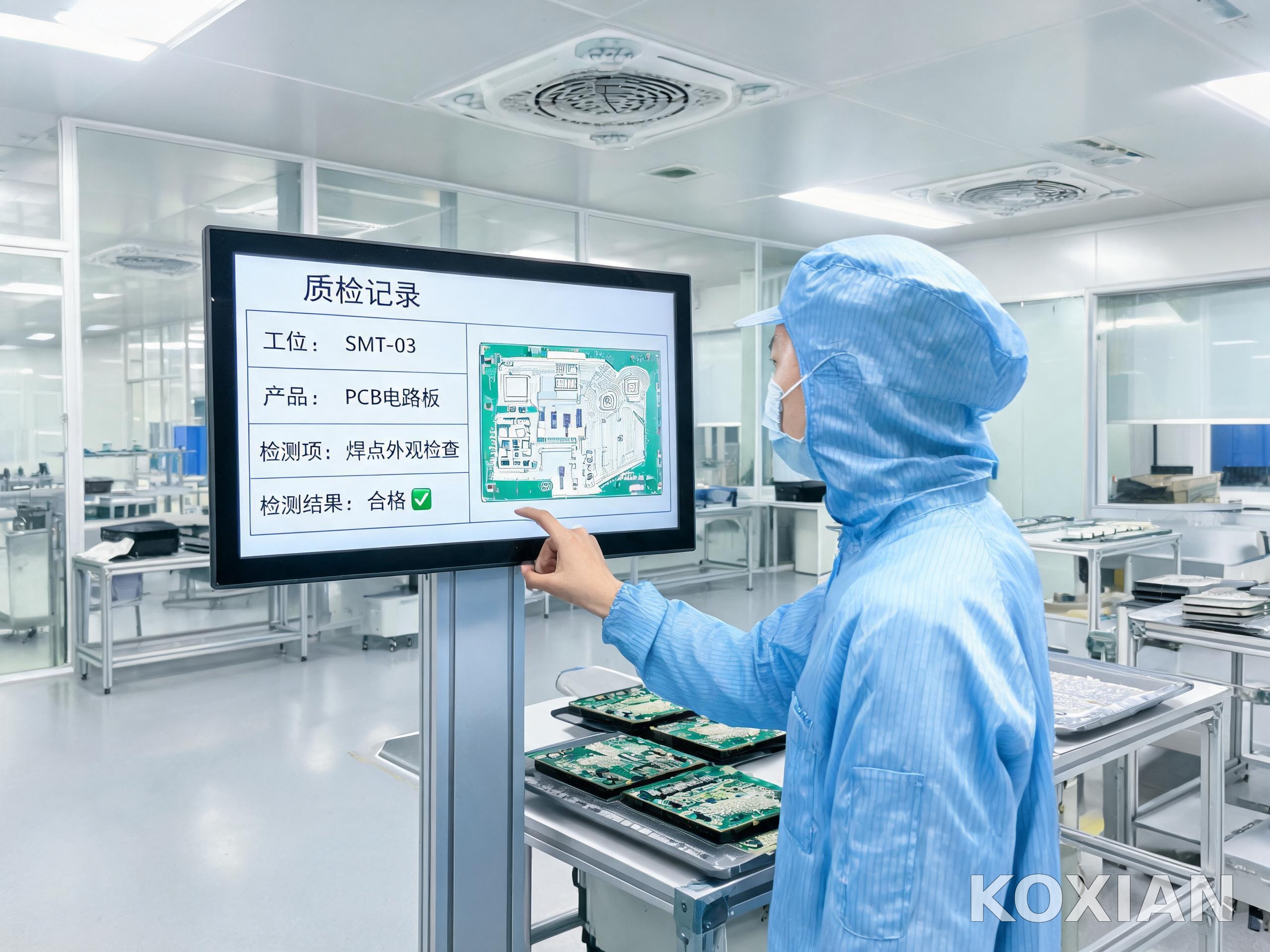 sop触控一体机以立柱支架安装于电子制造质检工位