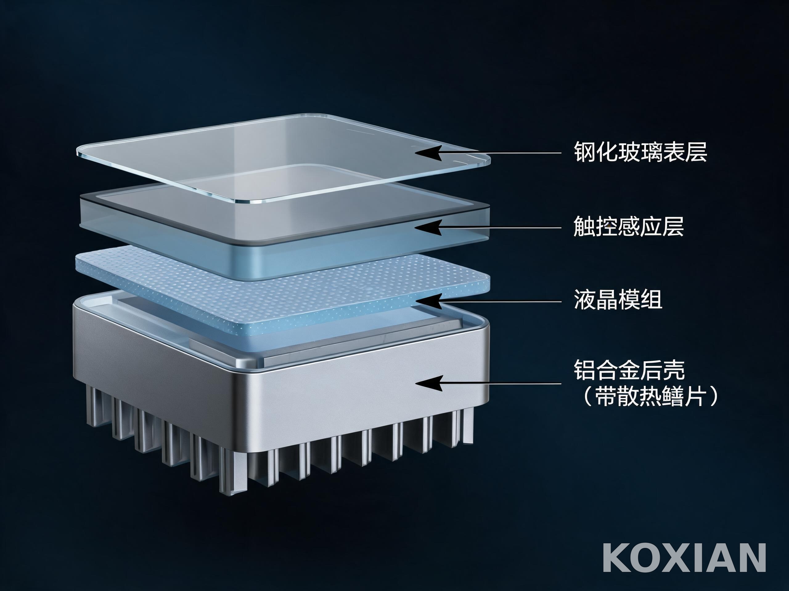 工控一体机触摸屏钢化玻璃触控感应层与铝合金封闭结构剖面