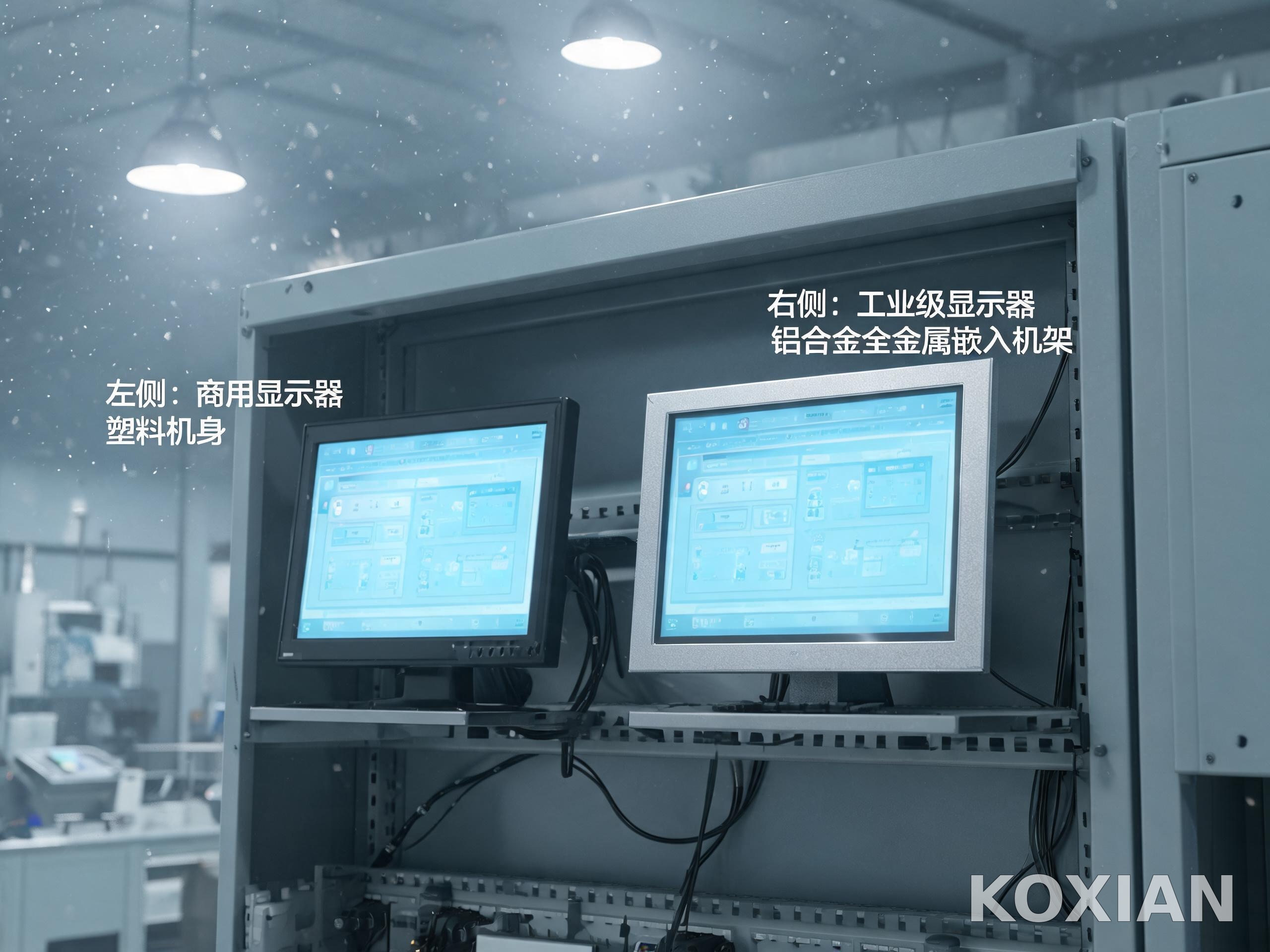 同一环境下的两种机身结构 车间机架上并排的商用显示器与工业级平板显示器对比