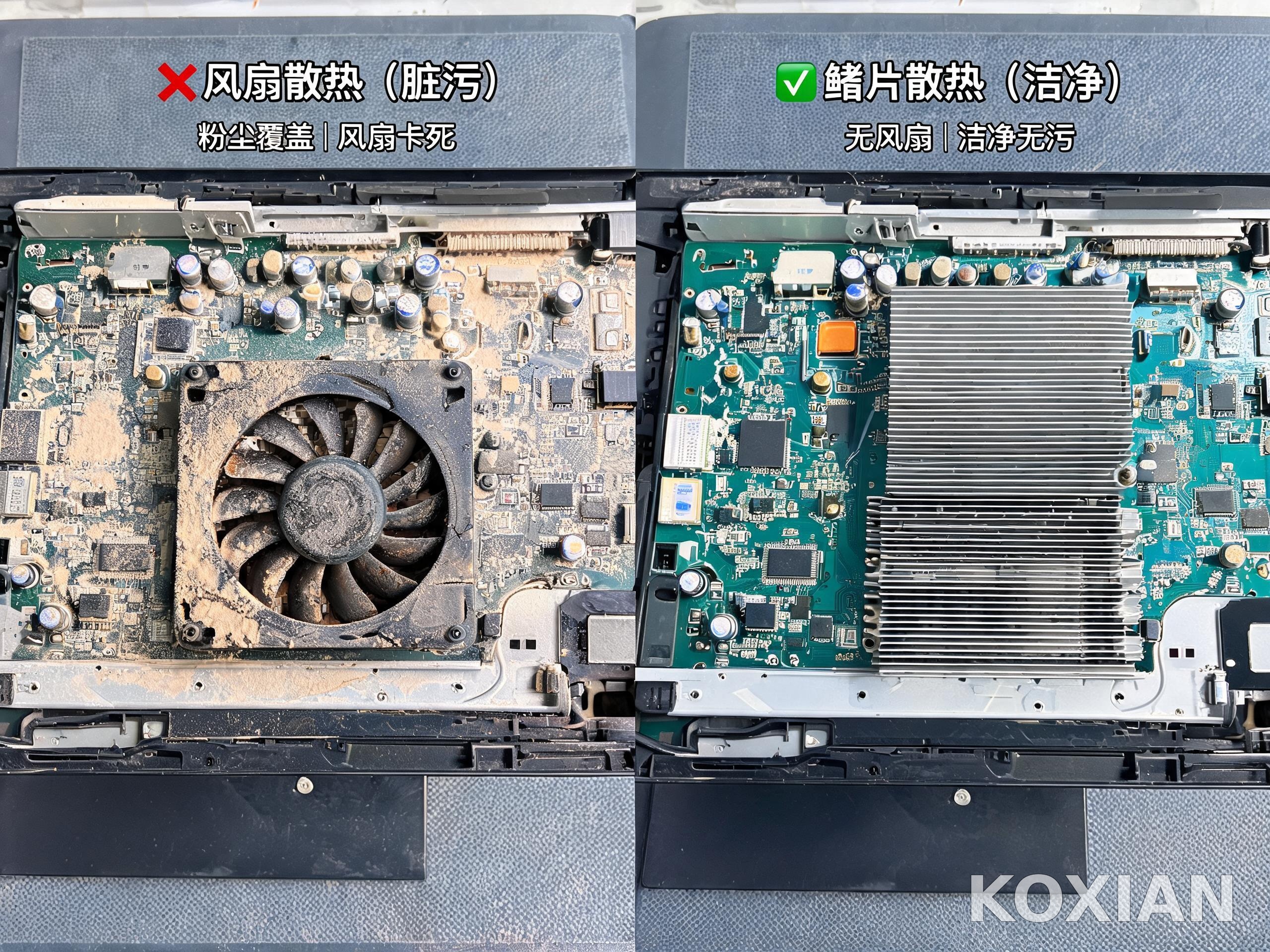 散热路径决定维护频次 积尘风扇卡死与无风扇铝合金鳍片被动散热结构对比