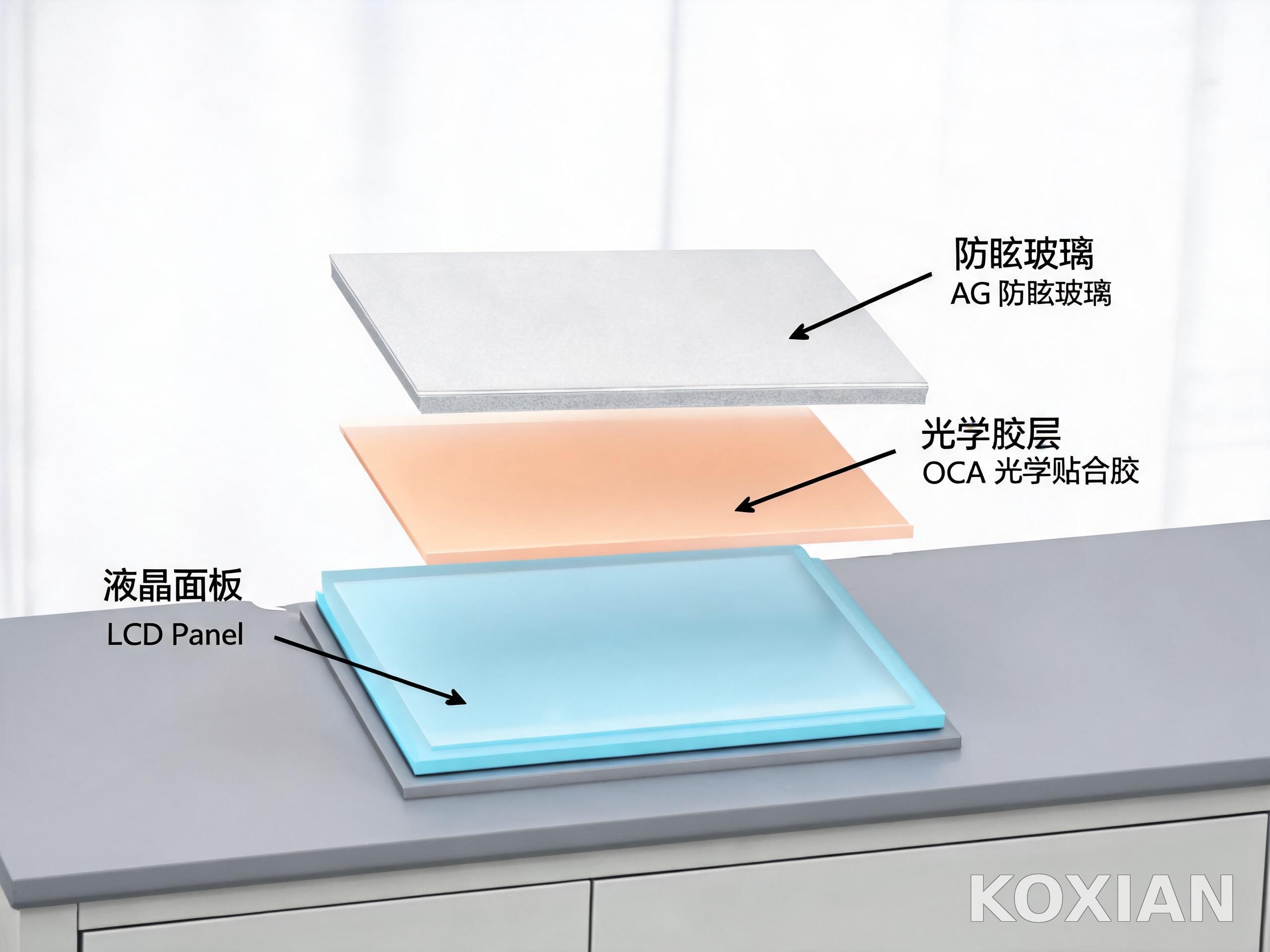 全贴合消除空气层反射 工业显示器背光模块与光学全贴合工艺分层结构剖面
