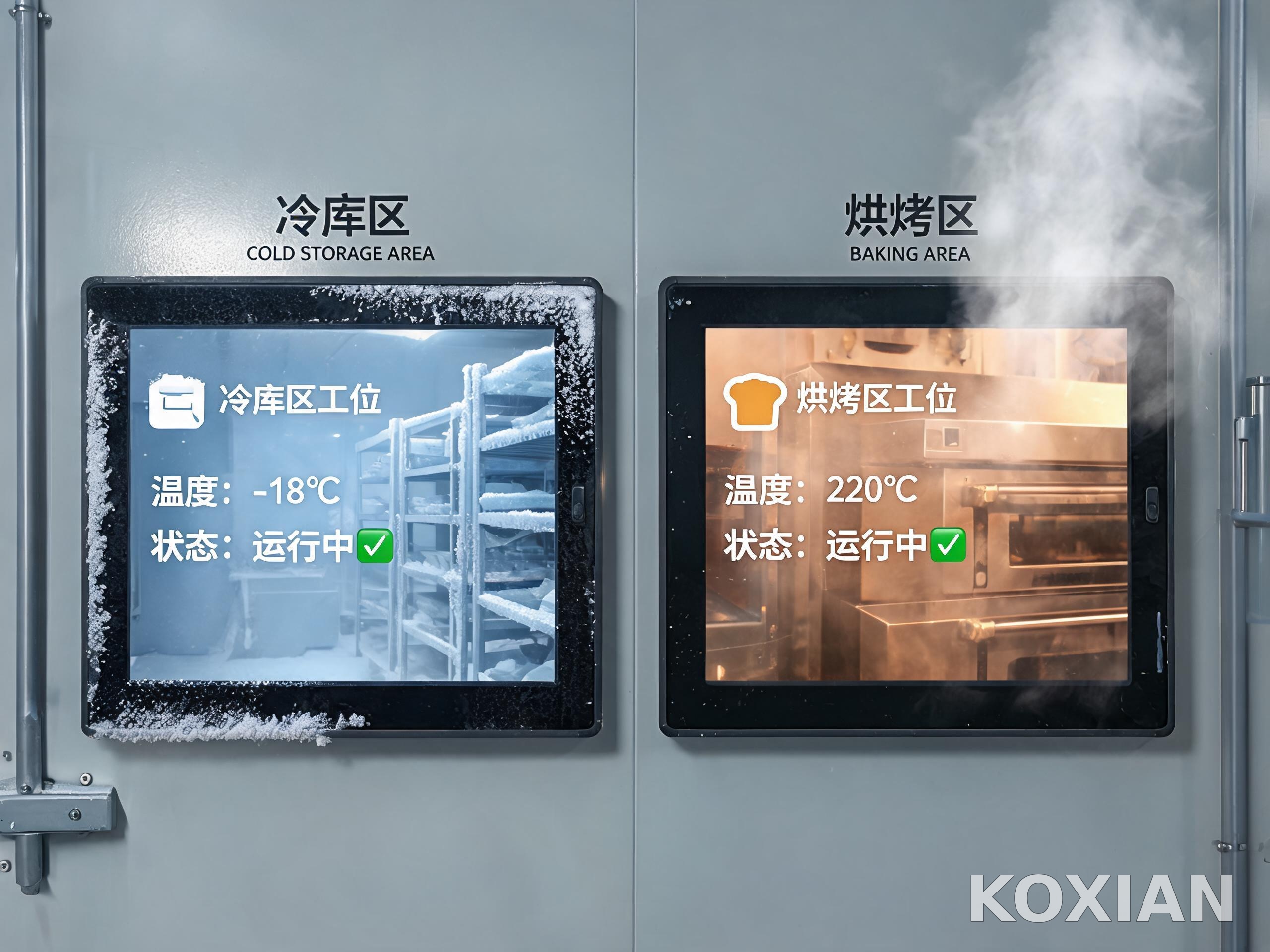 同厂两区需分别定型 同一食品工厂冷库区与烘烤区两处工位的工业嵌入式显示屏对照