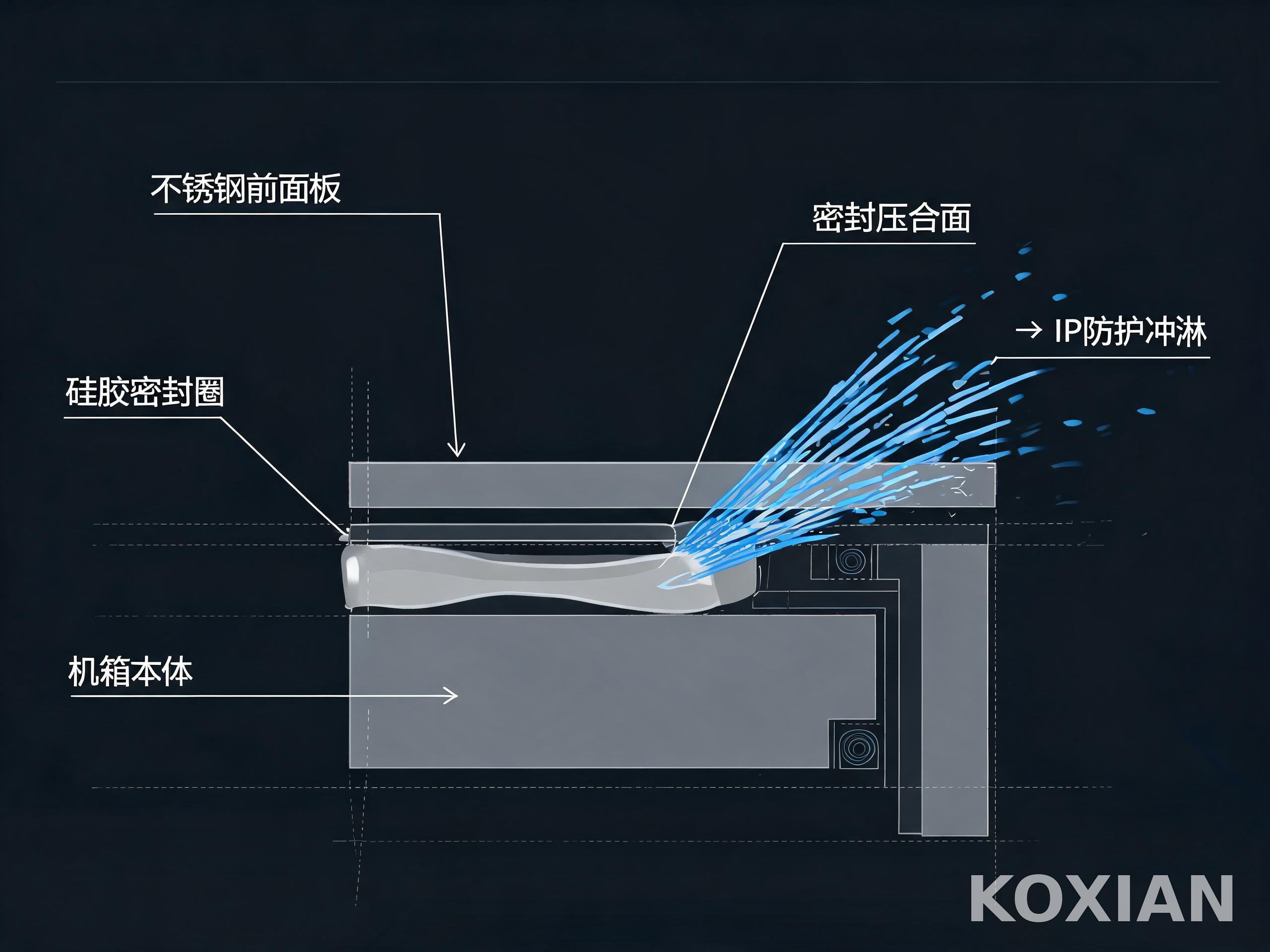工控平板电脑前面板密封结构与冲淋防护测试示意 工控平板电脑前面板密封结构与冲淋防护测试示意