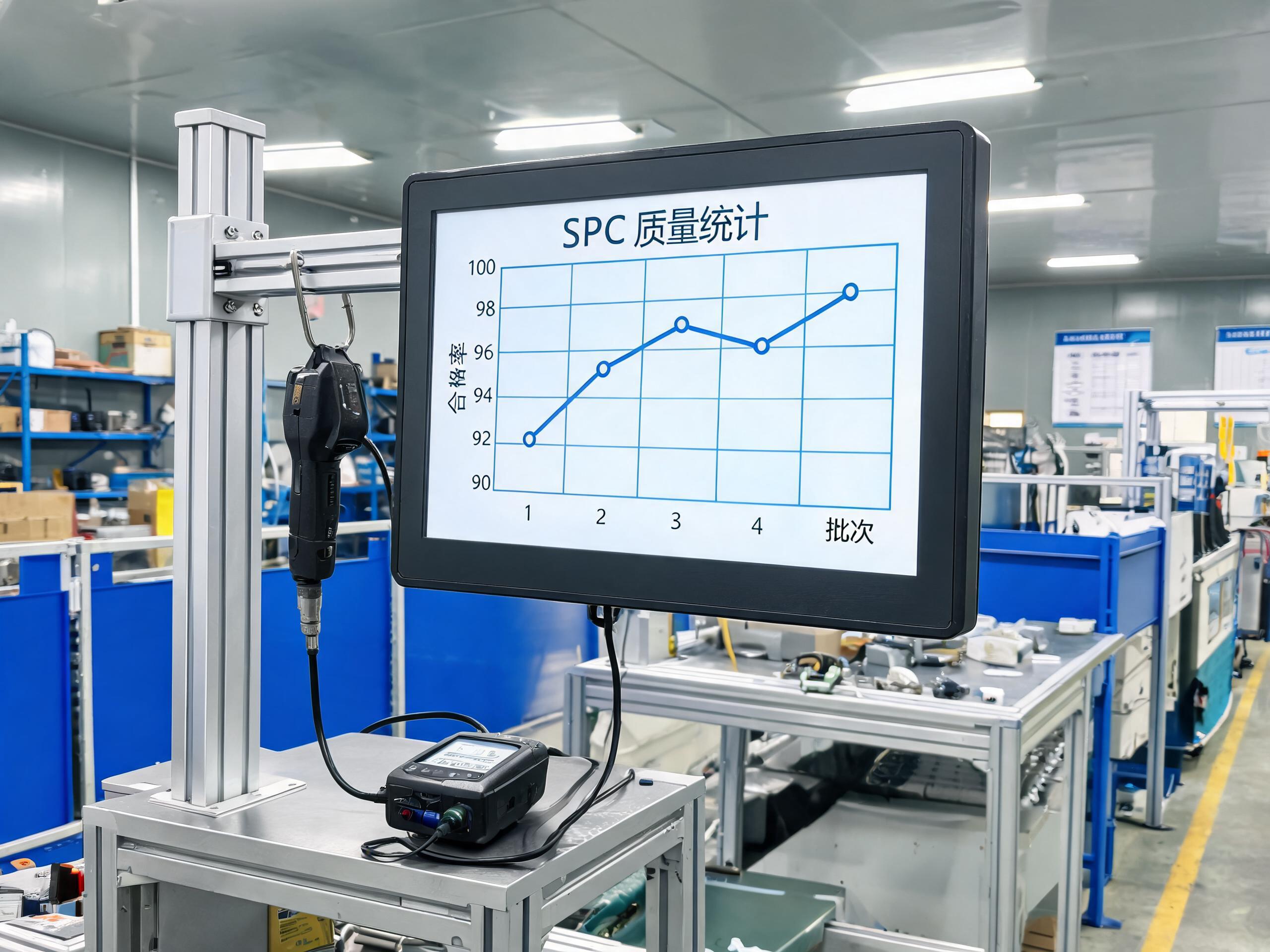 总装检测工位悬臂安装工控触碰一体机显示SPC统计图表 总装检测工位悬臂安装工控触碰一体机显示SPC统计图表