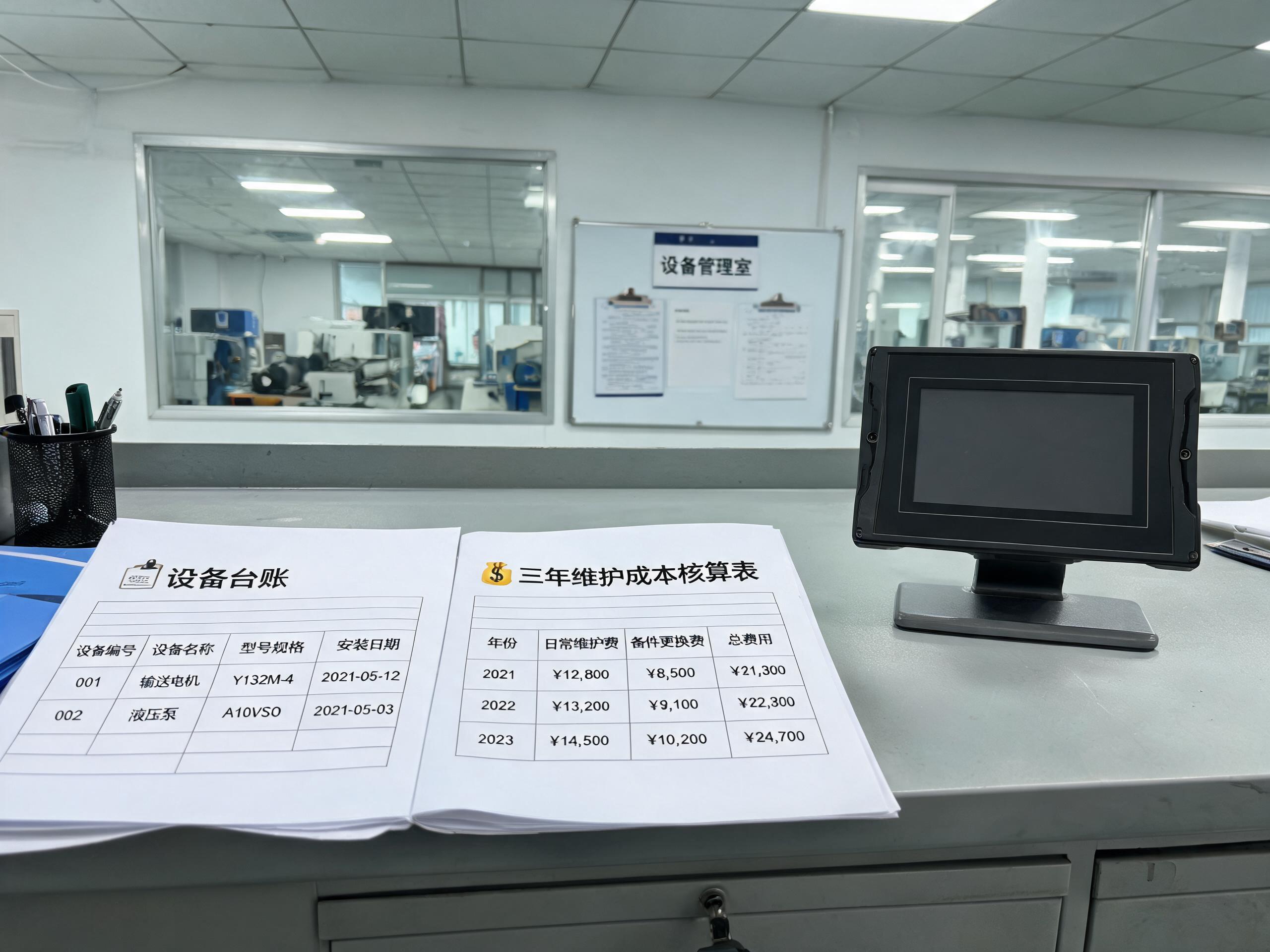车间设备台账与三年维护成本核算表旁的工业显示屏7寸替换样机 车间设备台账与三年维护成本核算表旁的工业显示屏7寸替换样机