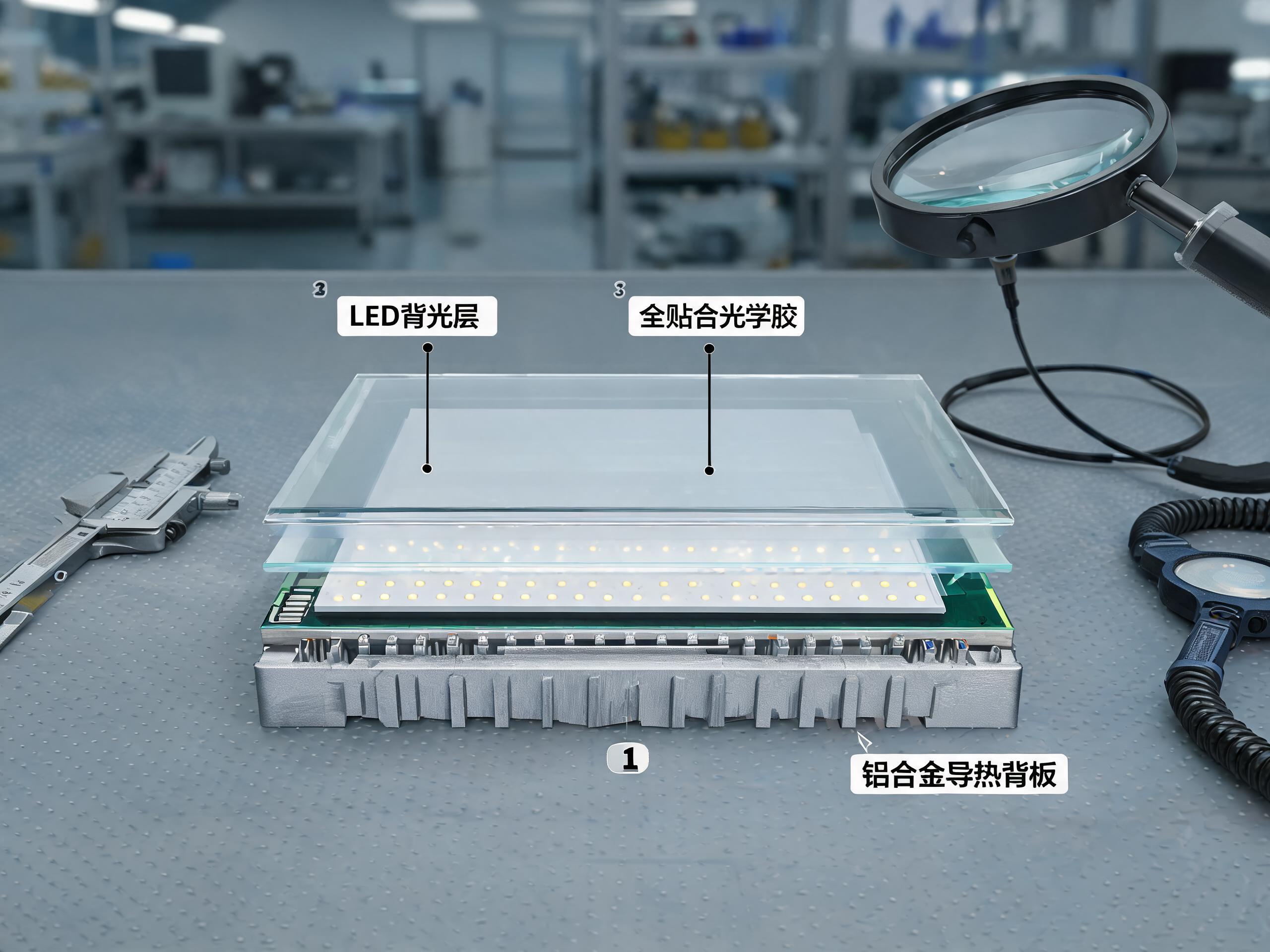 工业一体机显示屏模组剖面展示铝合金背板导热结构与背光层贴合排布