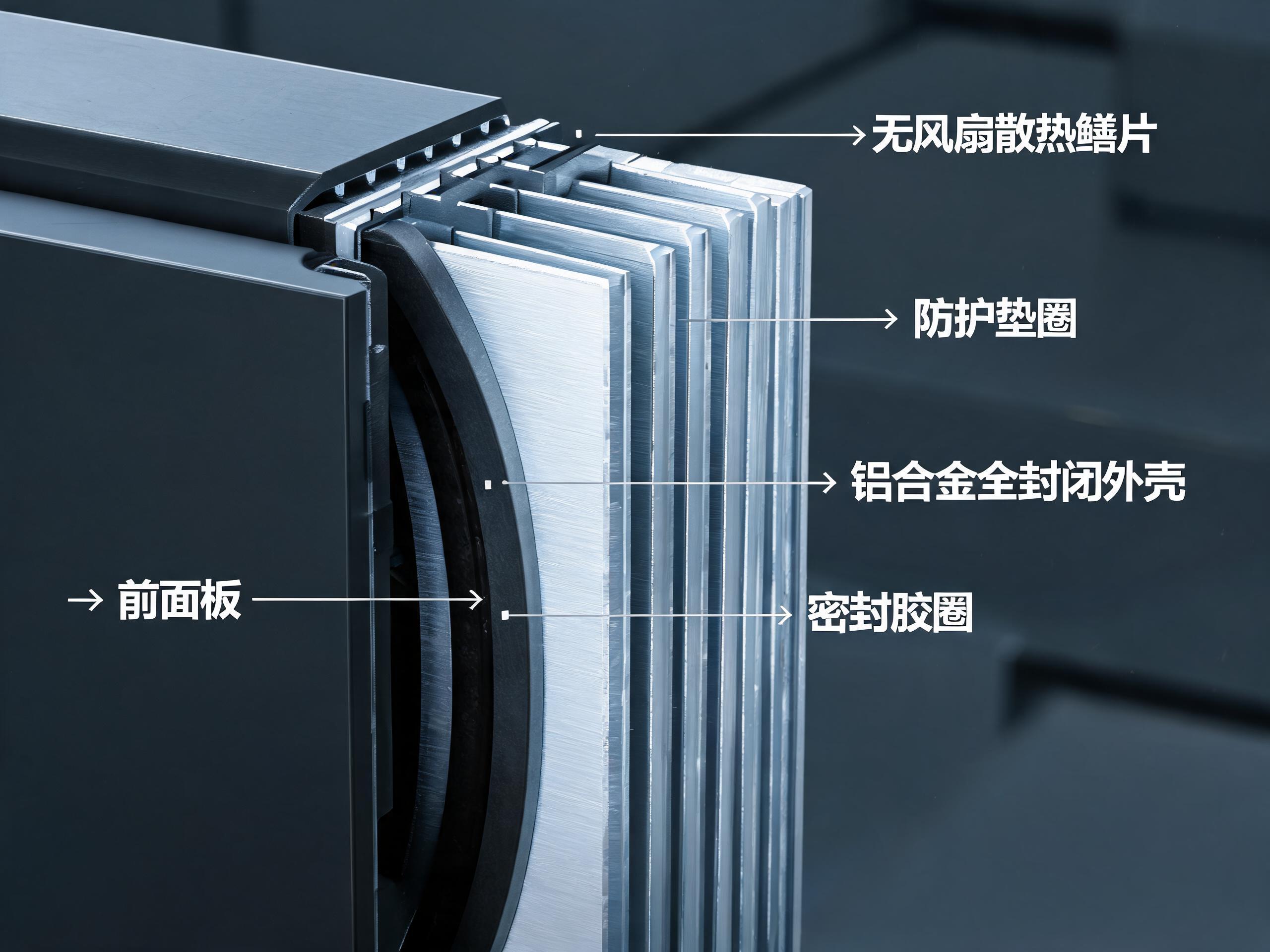 工业显示器生产厂家全封闭铝合金机壳与无风扇散热鳍片密封结构剖面
