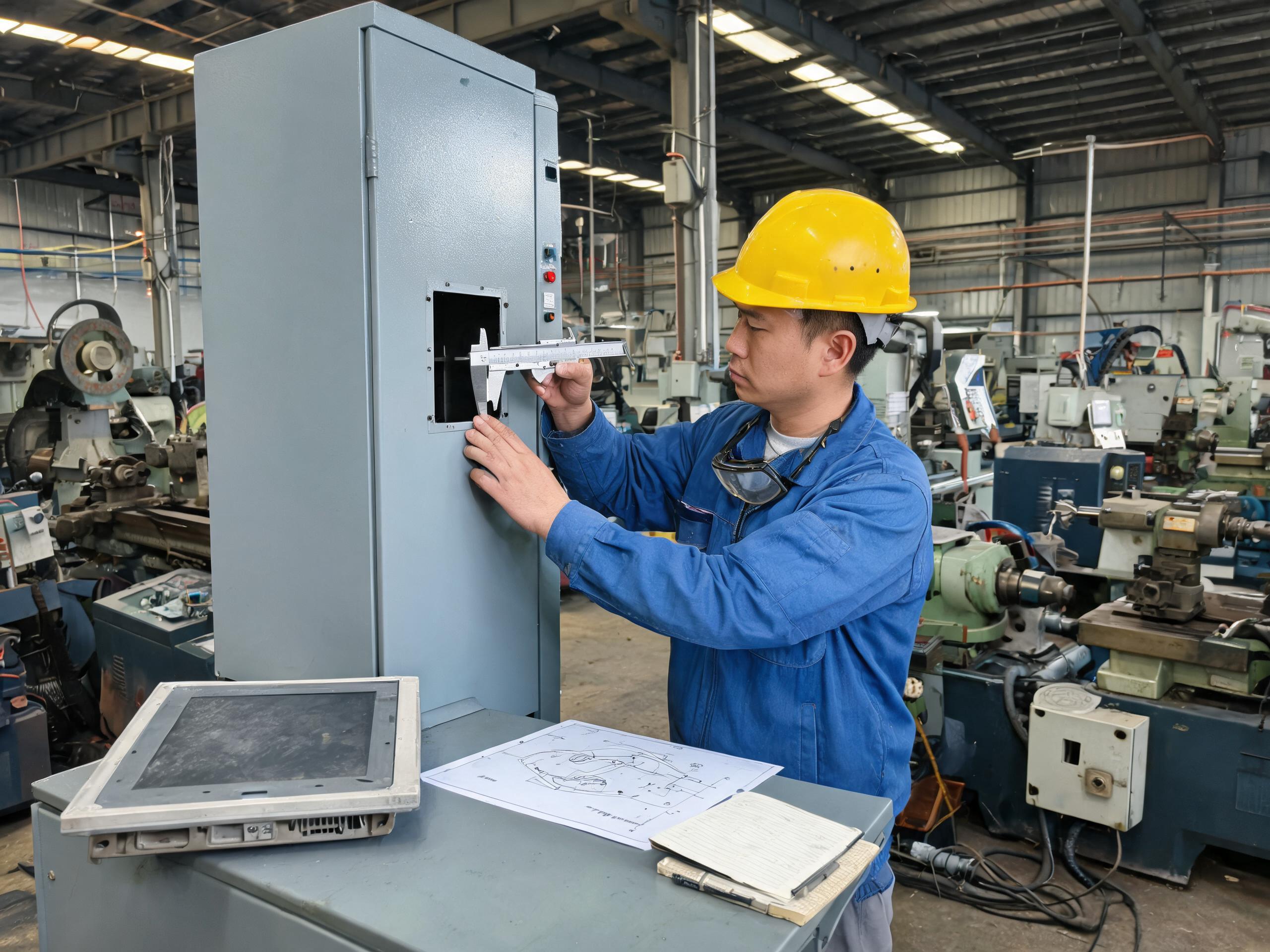 开孔尺寸、厚度余量与固定方式须在选型前实测确认 工程师现场测量控制柜面板开孔尺寸核对工业显示器10.4寸替换安装数据