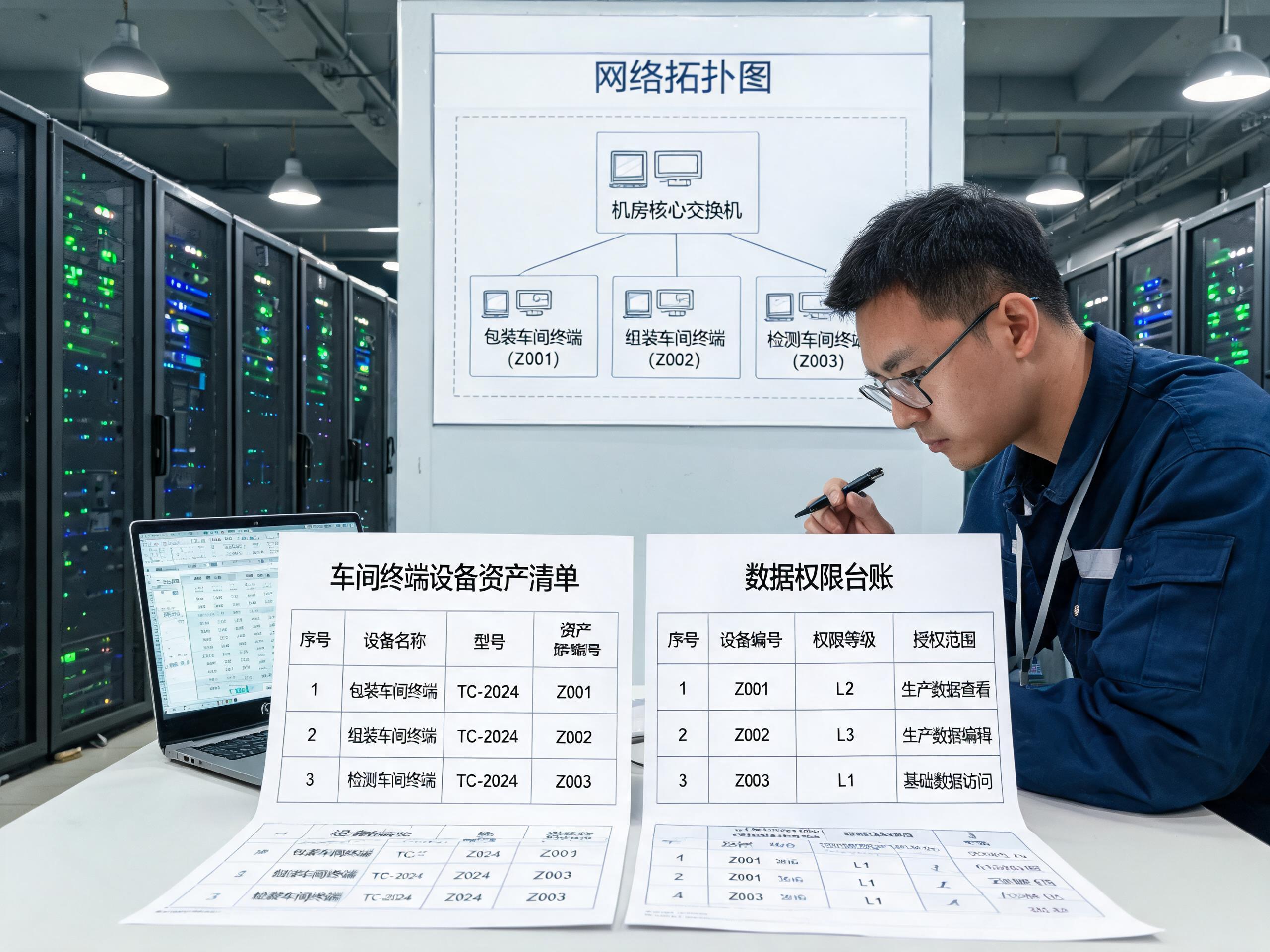 工程师核对车间终端设备资产清单与数据分类分级台账的工业办公场景