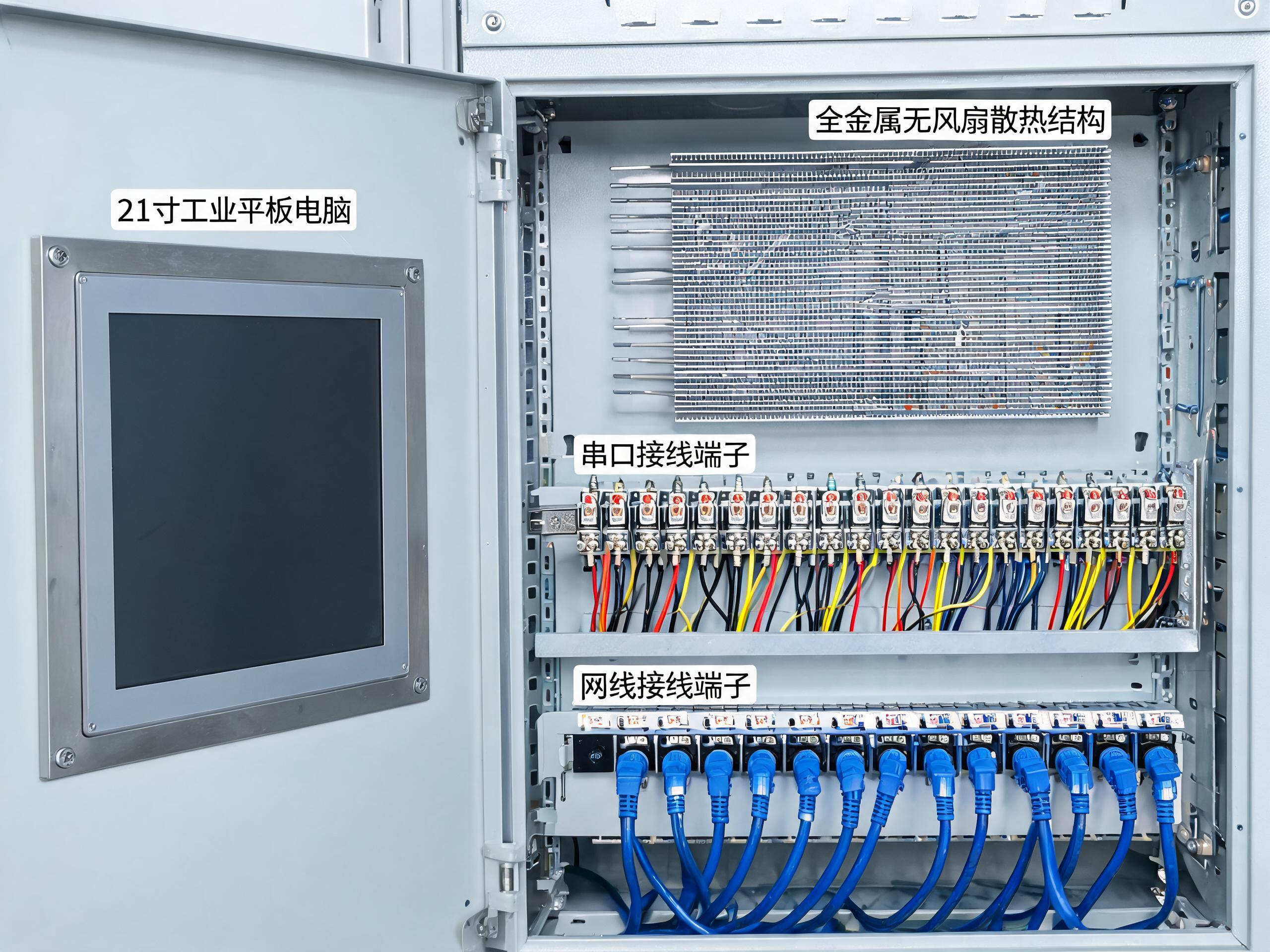 21寸工业平板电脑嵌入控制柜门面板安装配合柜内网线串口端子与无风扇散热结构