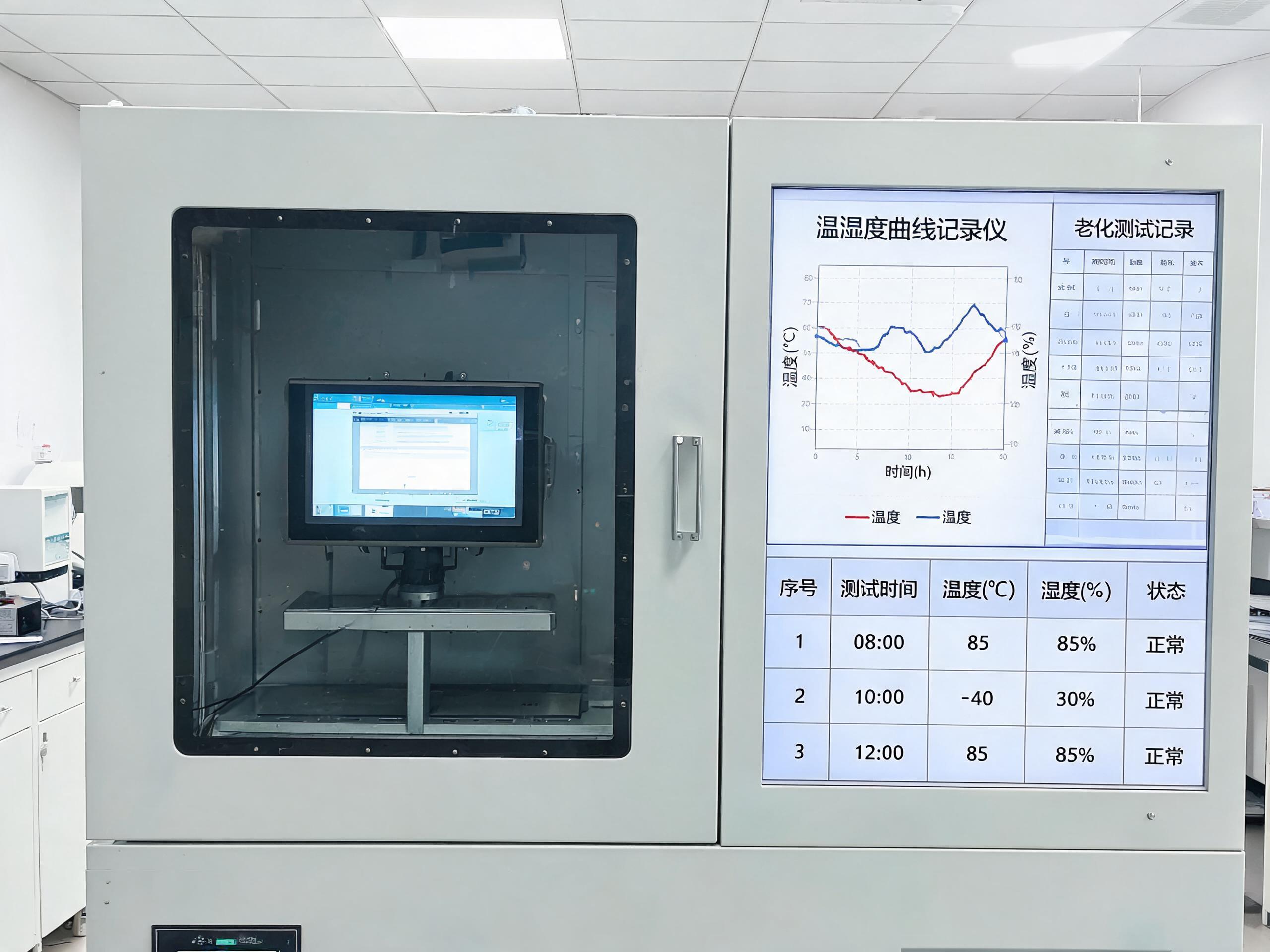 高低温交变湿热试验箱内通电老化测试中的显示器工业级样机与温湿度曲线记录仪