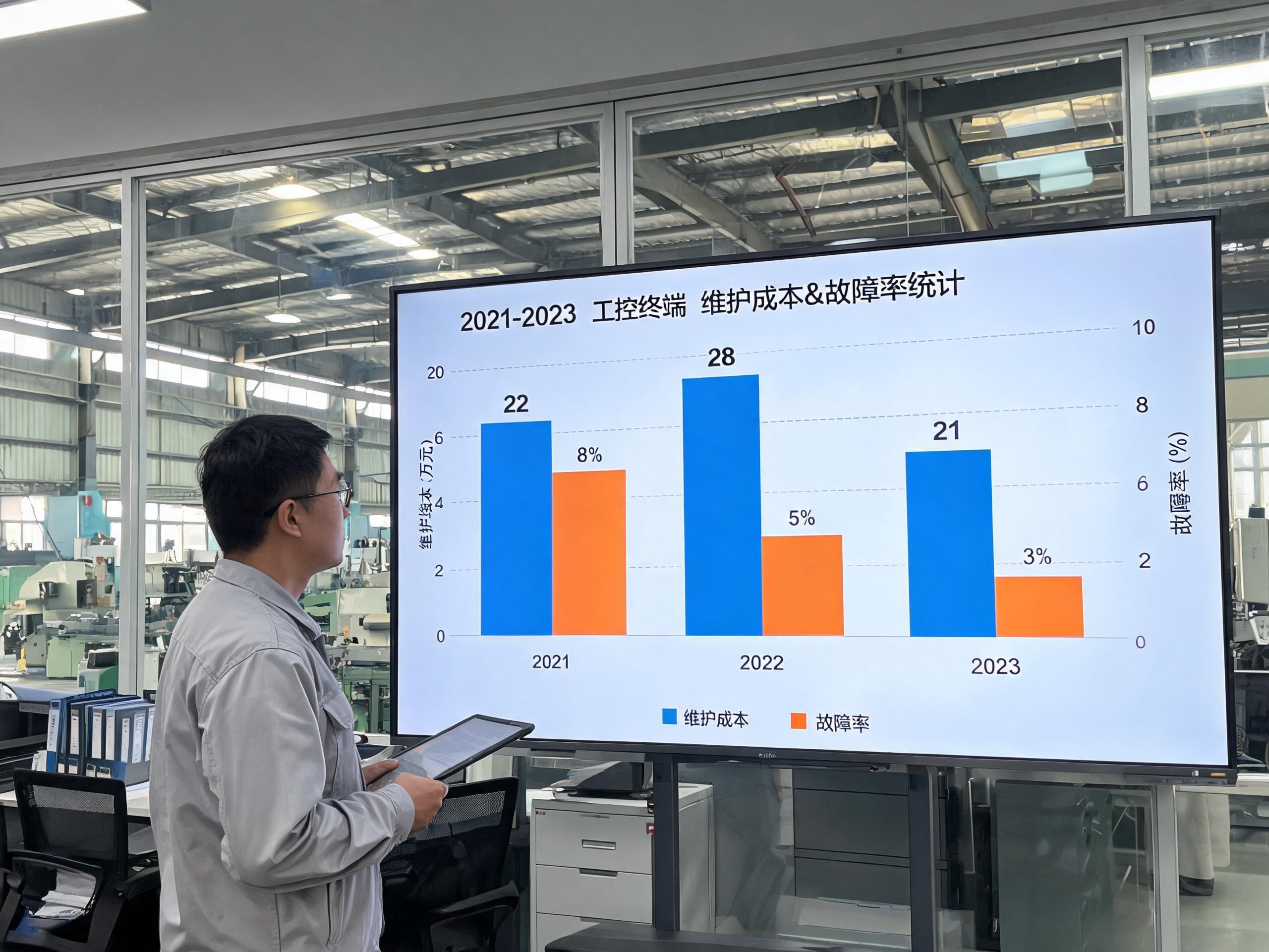 把采购价、备件、工时与停机损失并列,路线选择才有判定依据 设备管理人员在厂区看板前核对工业电脑一体机三年维护成本与故障率对比图表