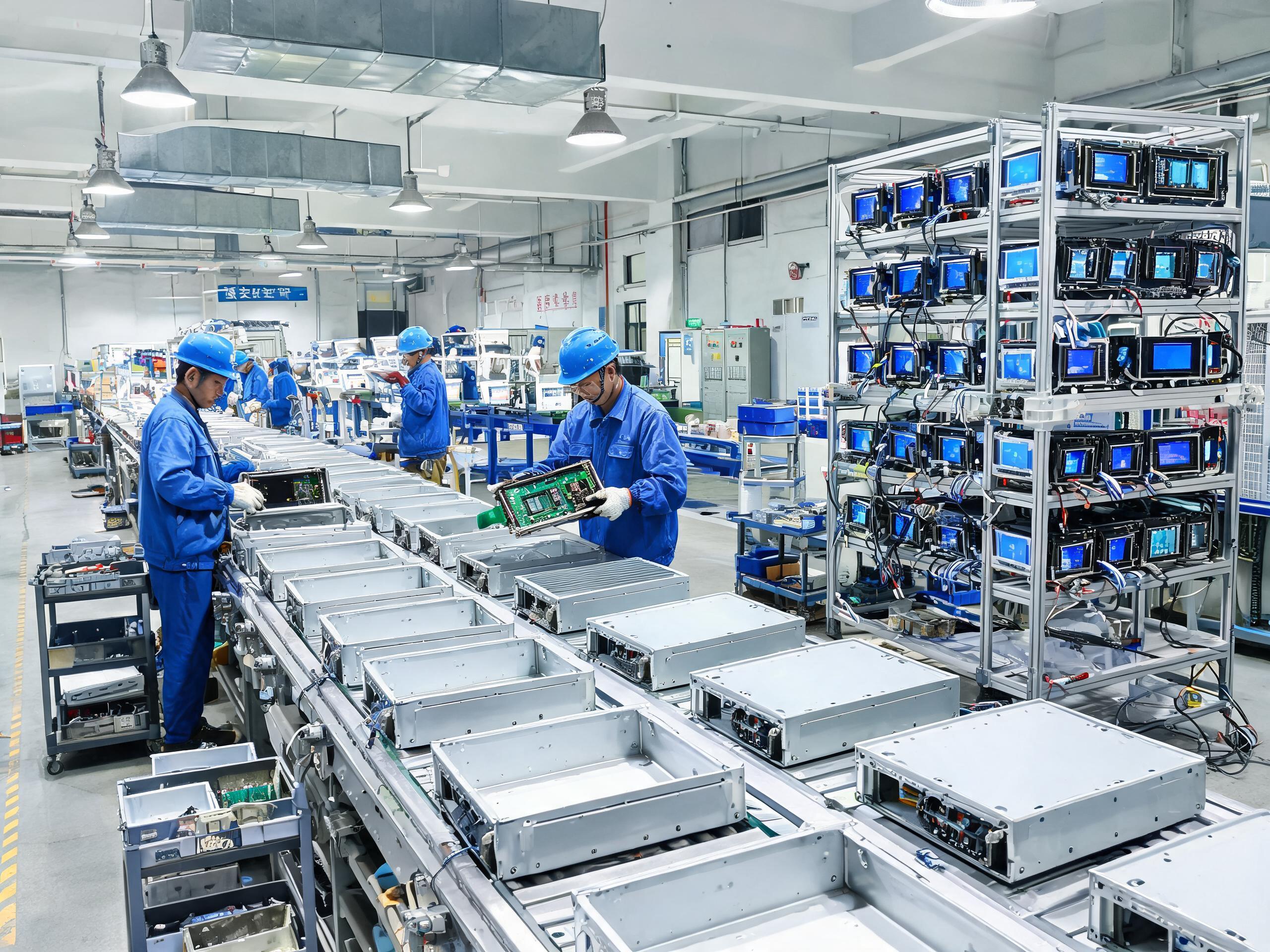 产能评估要问产线条数、老化工位数与同期在产订单量三项实数 工业显示屏厂家组装车间流水线工位装配金属外壳嵌入式显示模组与老化测试架