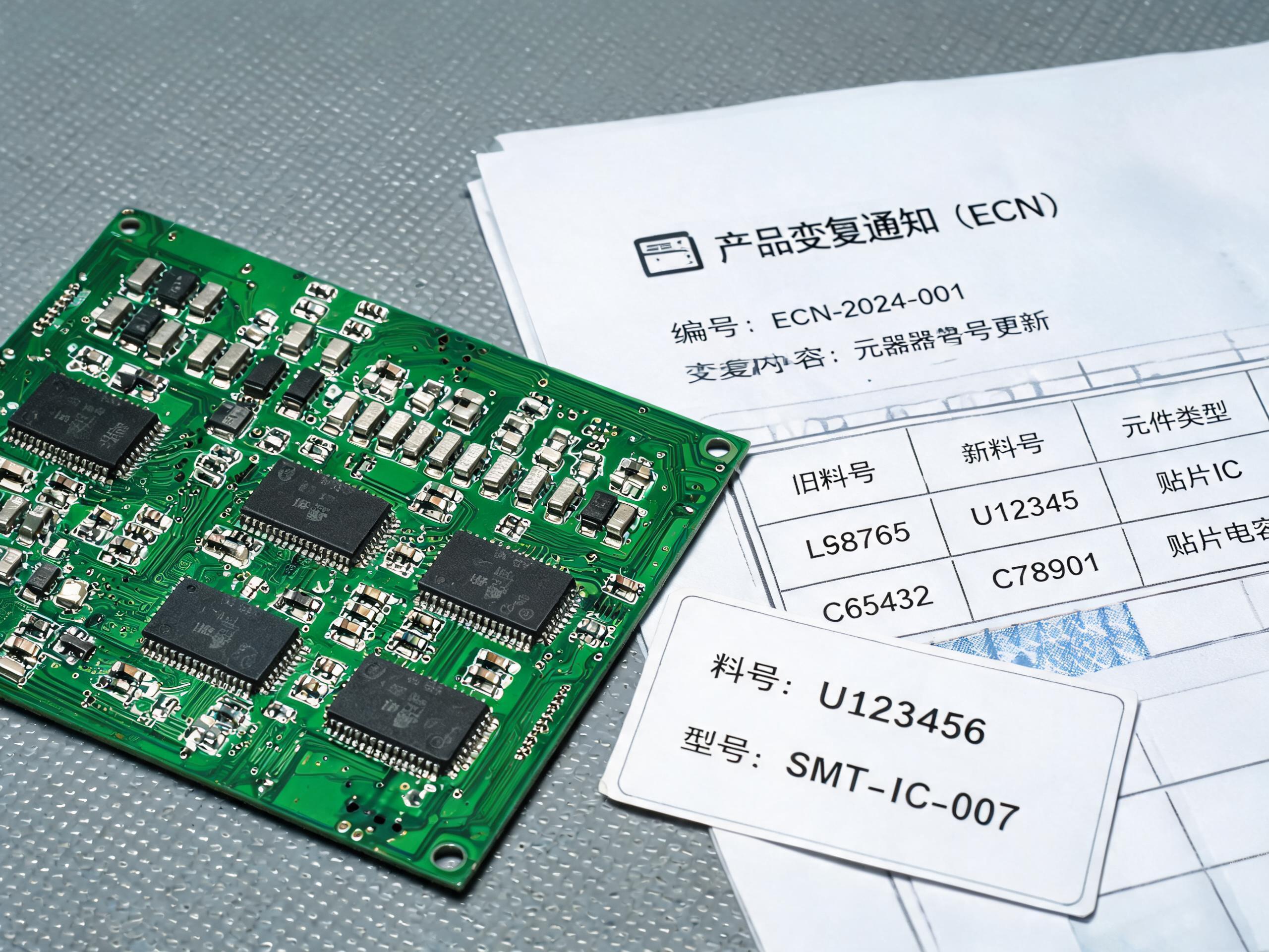 停产通知与变更通知,才是备件链条真正的起点 工业主板PCB电路板上的贴片芯片与电容特写旁放置产品变更通知文件与料号标签