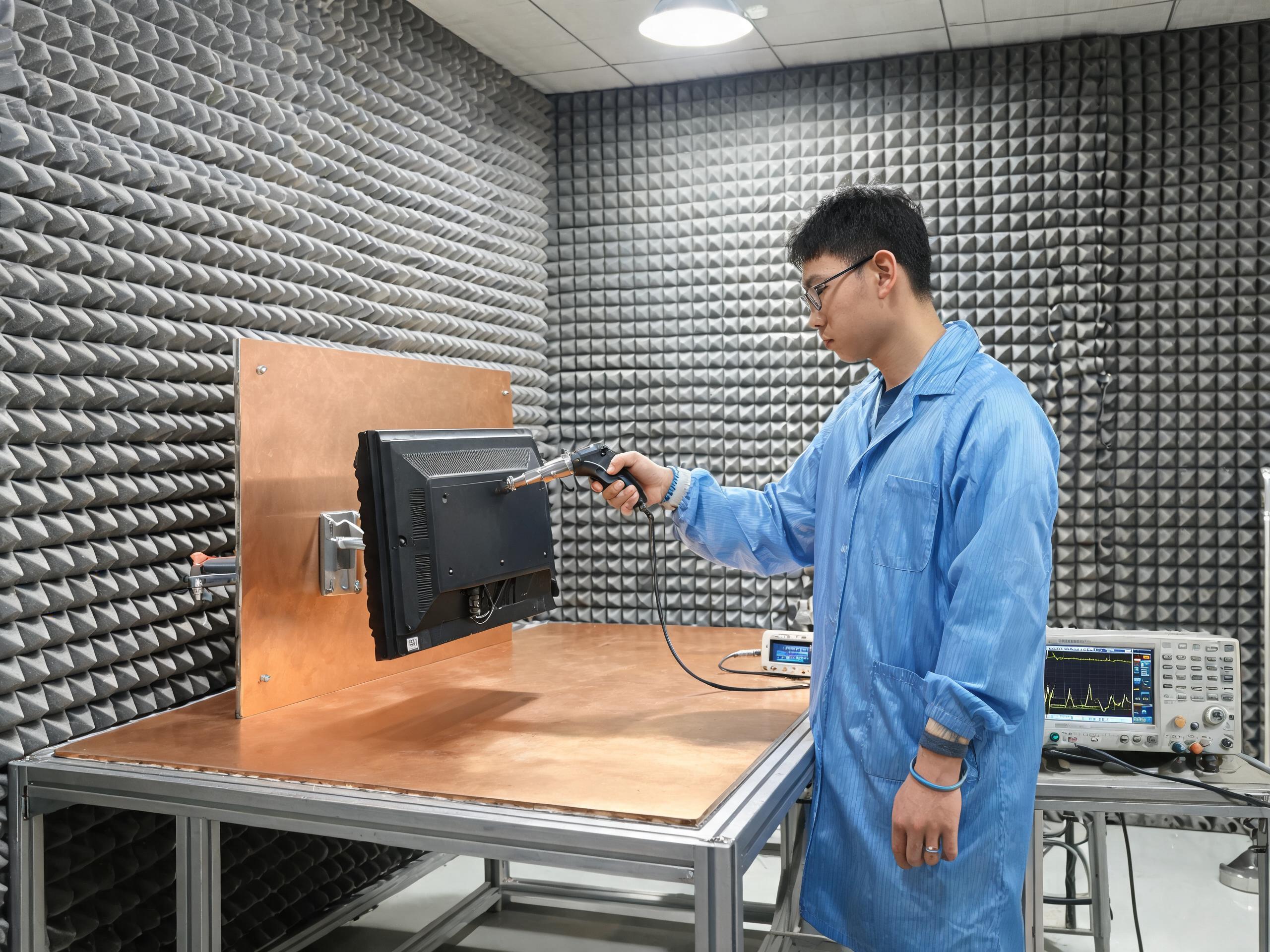 电磁兼容屏蔽室内工程师用静电放电枪对工业显示屏厂商送检样机外壳做接触放电测试