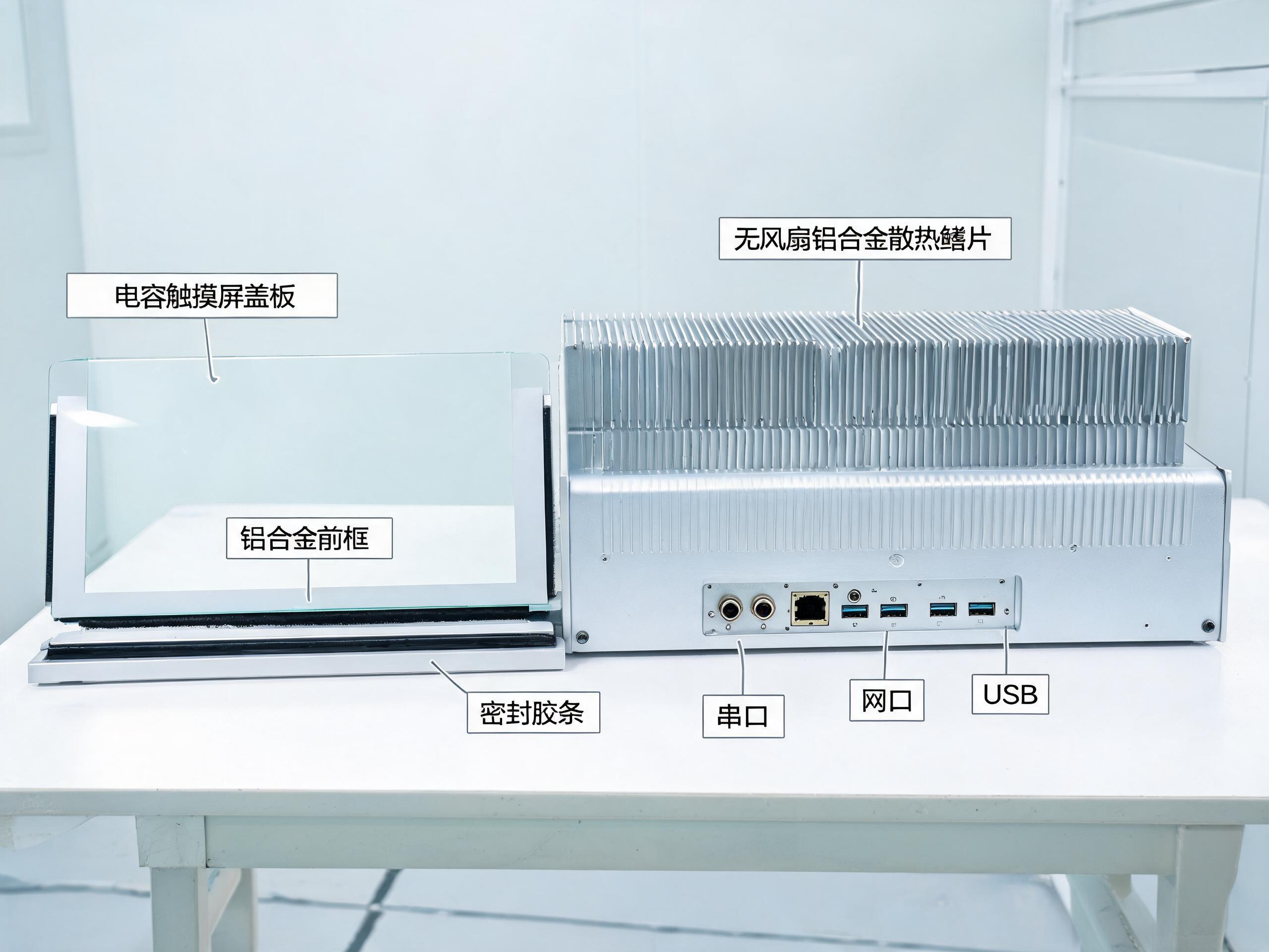无风扇被动散热与连续密封前框,是洁净区终端的两项结构基础 工控一体机触控屏整机拆解展示前框密封结构与无风扇铝合金散热鳍片