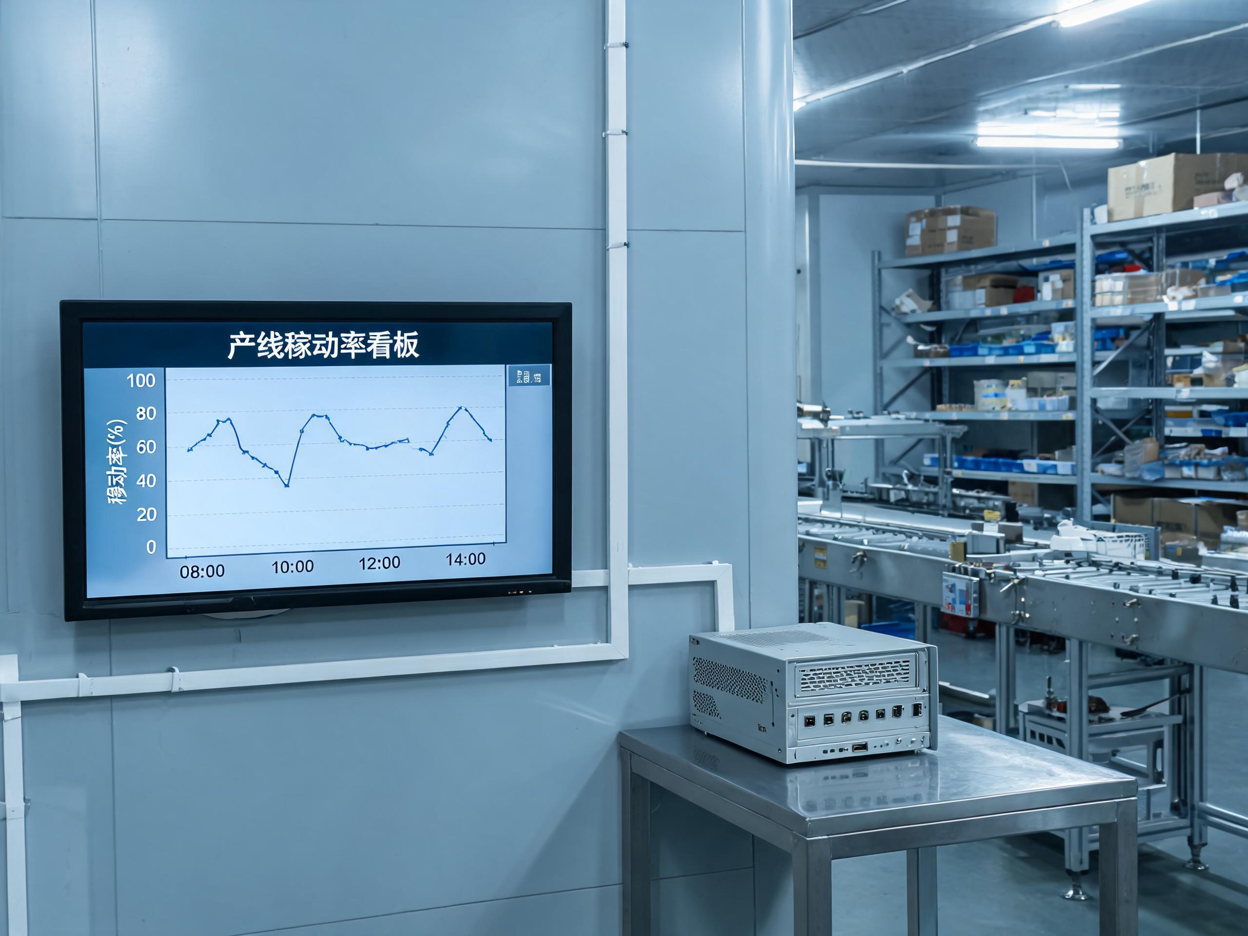 车间中控区壁挂显示终端呈现稼动率看板，旁侧工业工控电脑充当边缘汇聚节点