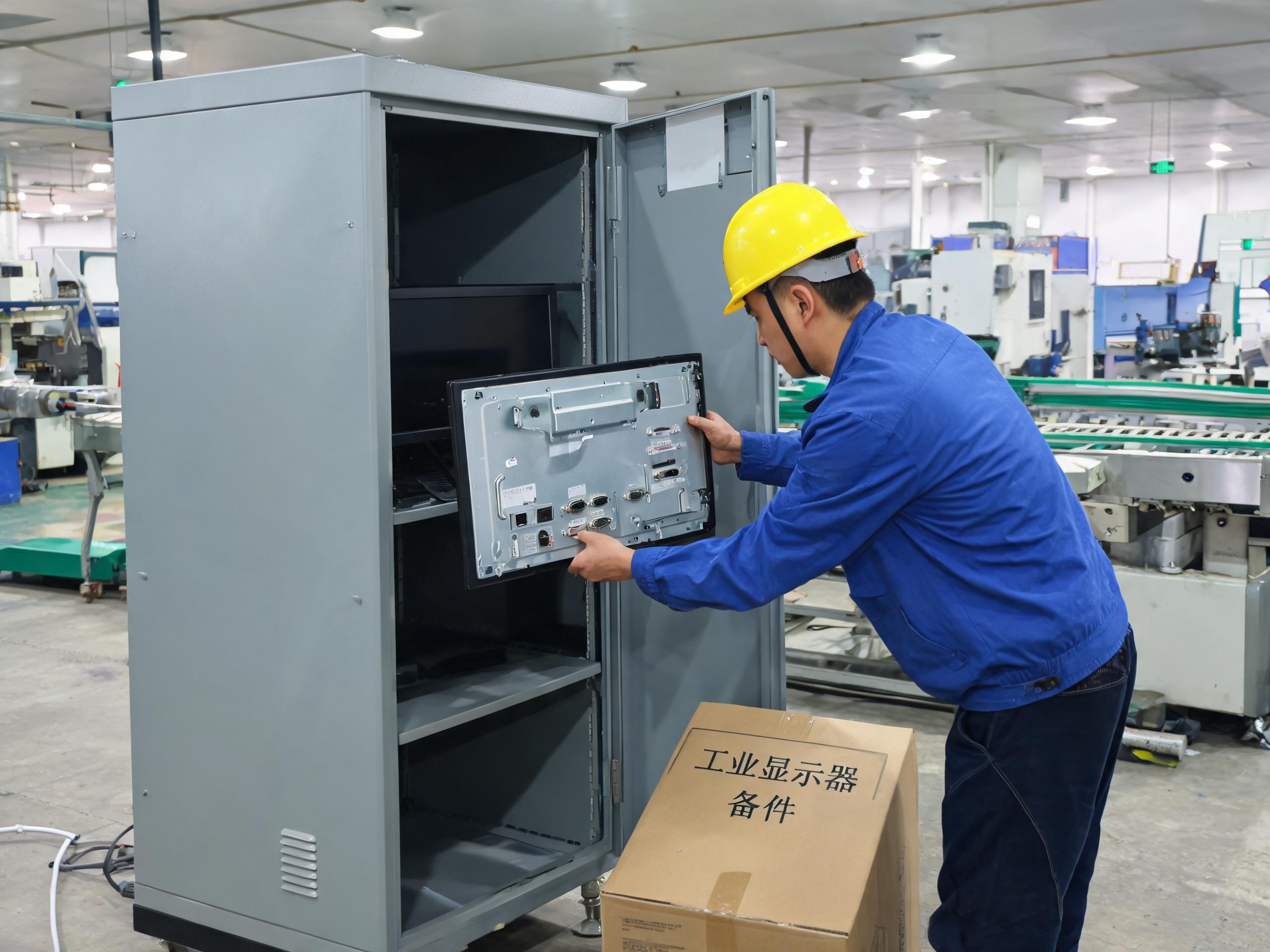 维修人员在机柜后方更换19寸工业显示器模块并核对同型号备件 维修人员在机柜后方更换19寸工业显示器模块并核对同型号备件