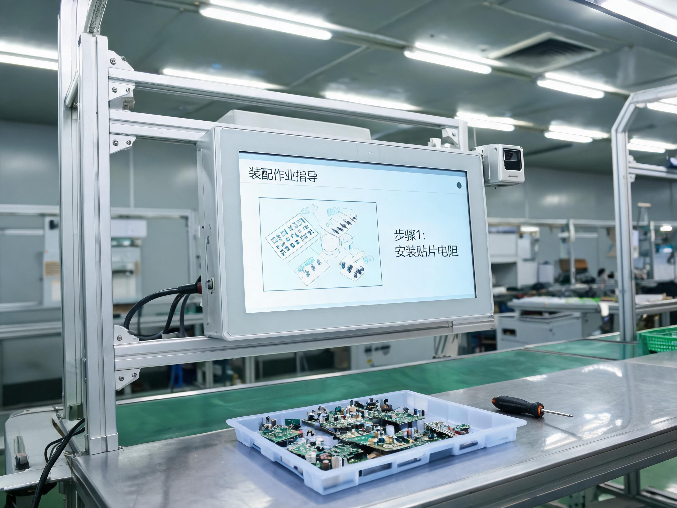 电子装配工位支架上嵌入安装的android工控一体机显示作业指导画面