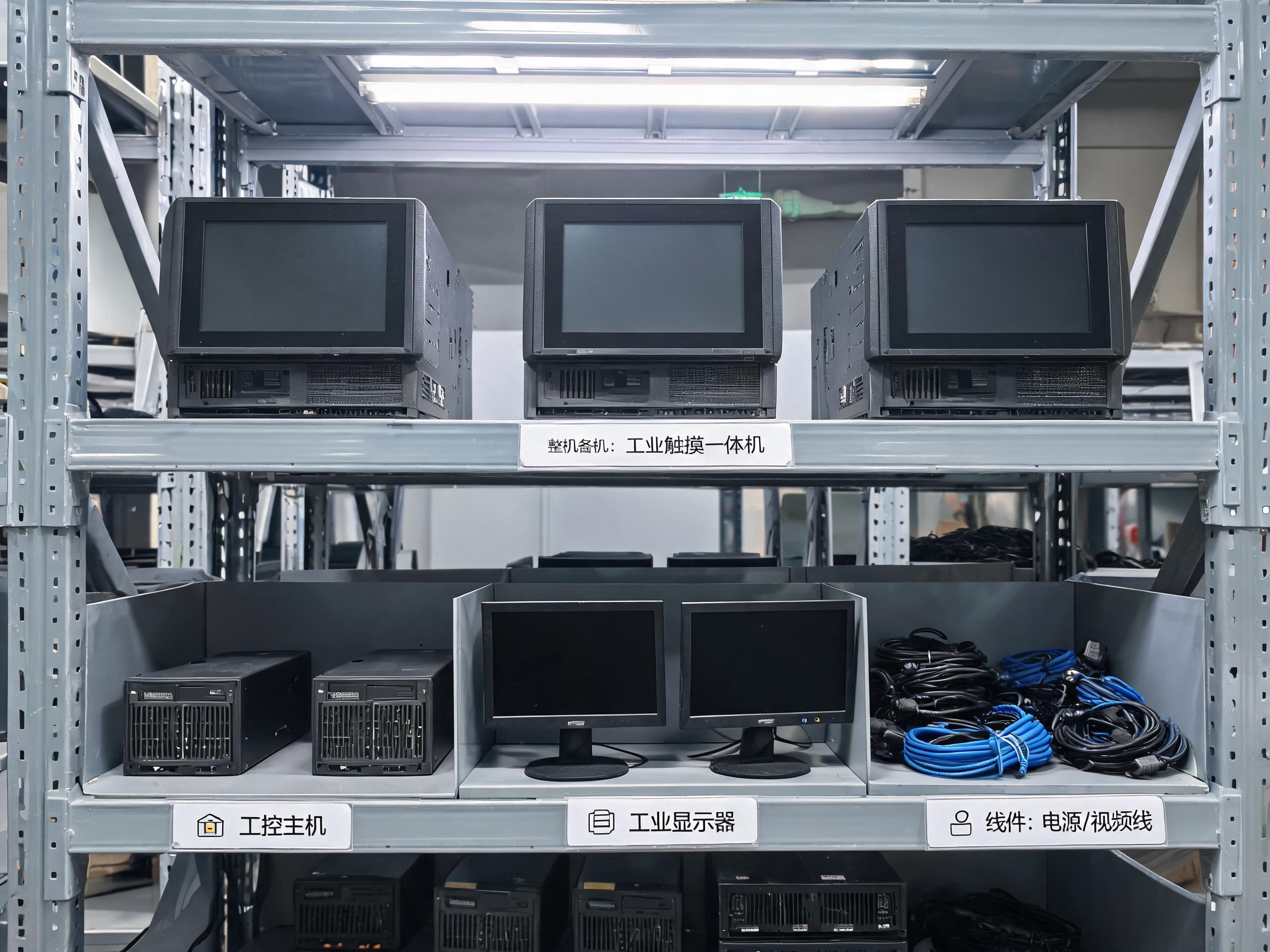 一体工控机整机备件与分体方案配件在车间货架上分类存放的实景 一体工控机整机备件与分体方案配件在车间货架上分类存放的实景