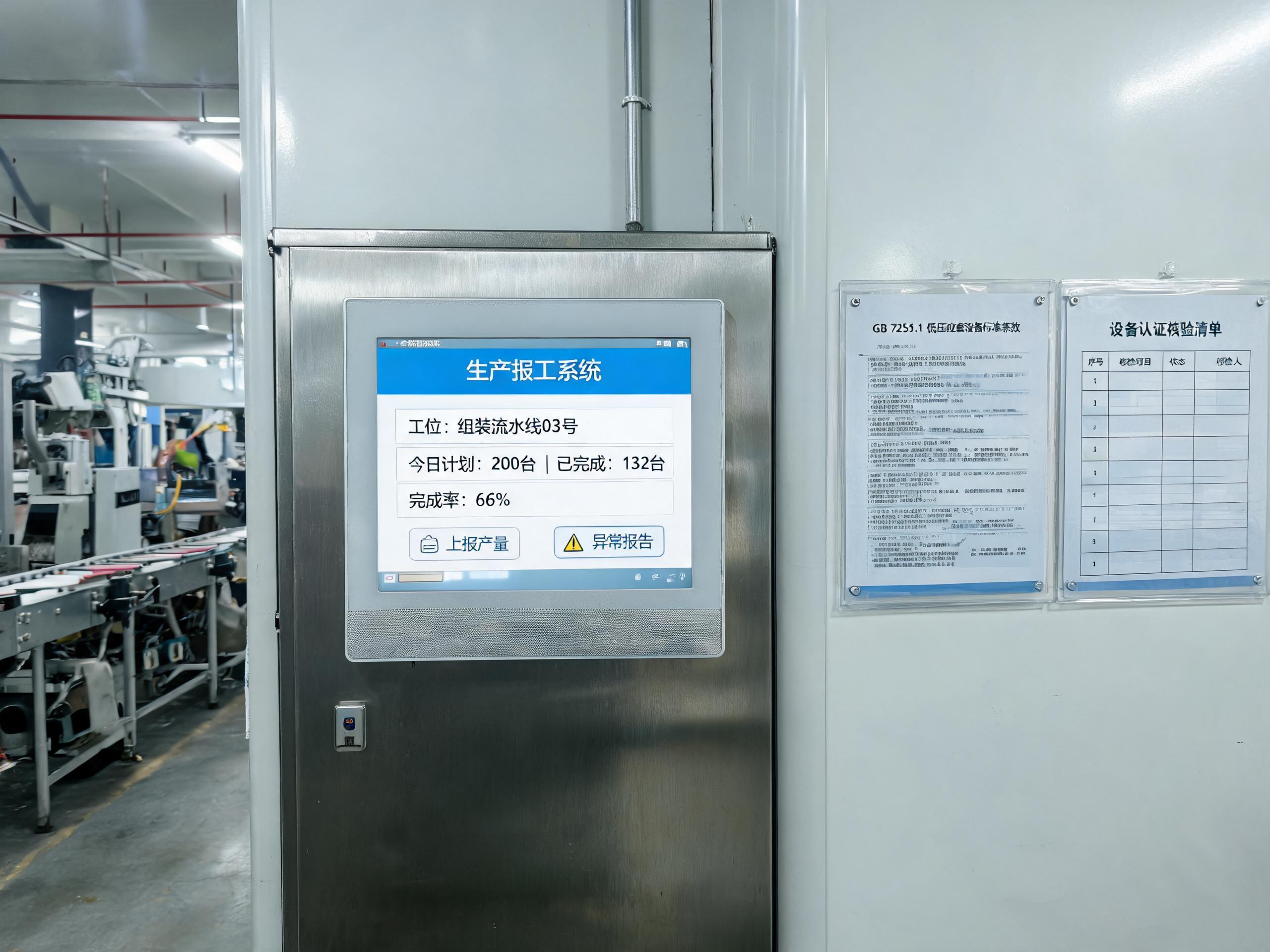 车间控制柜旁悬挂标准条款与认证核验清单,嵌入式工控一体机同步显示报工界面 车间控制柜旁悬挂标准条款与认证核验清单,嵌入式工控一体机同步显示报工界面