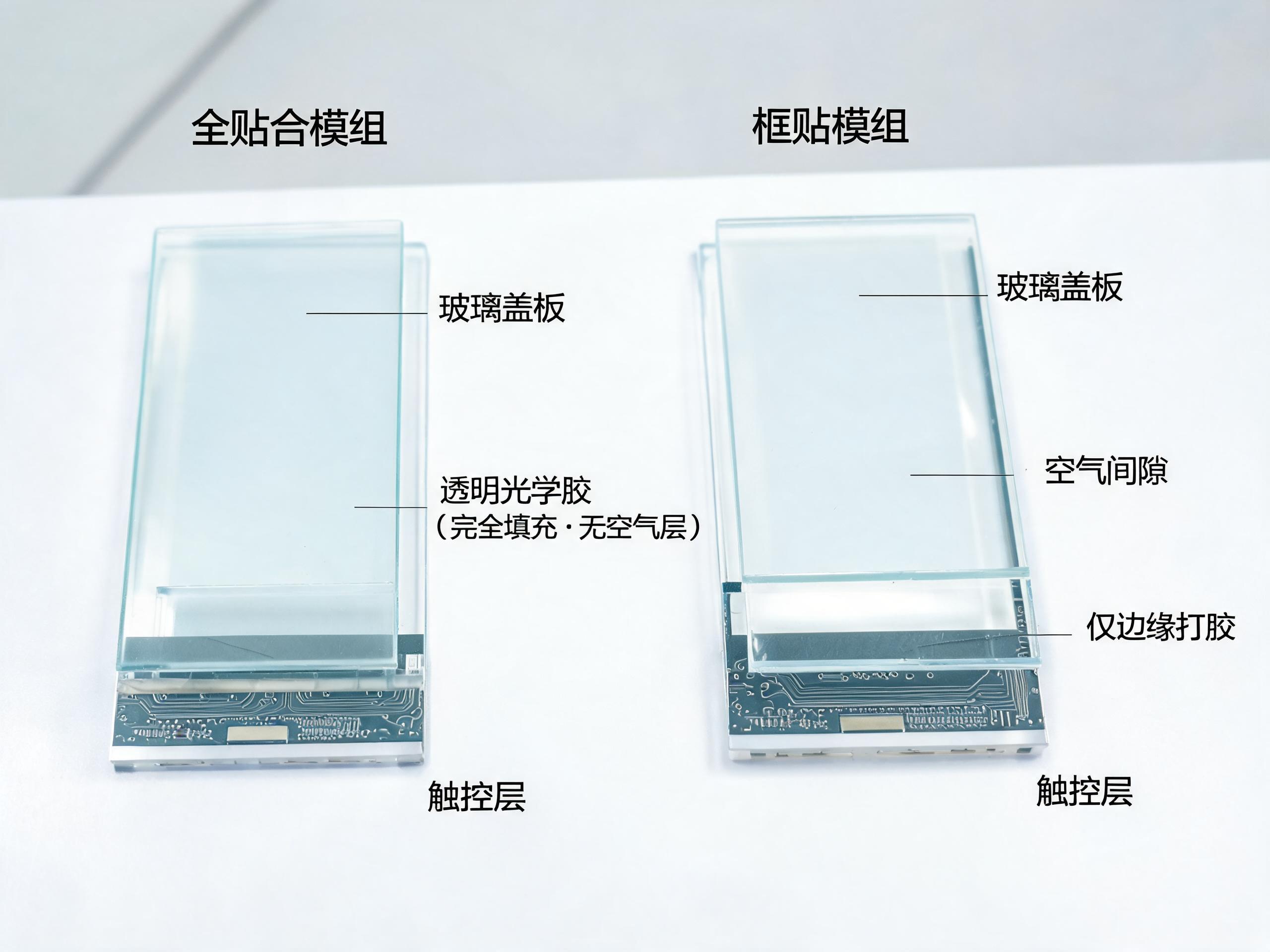 工业电容触摸屏模组结构剖面,玻璃盖板与触控层光学胶全贴合无空气层 工业电容触摸屏模组结构剖面,玻璃盖板与触控层光学胶全贴合无空气层