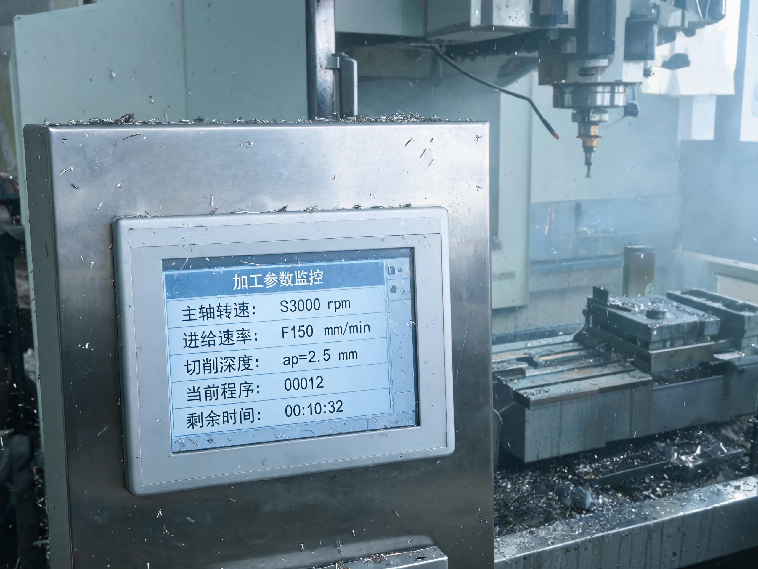 15寸触摸工业一体机嵌入式安装在加工中心旁,屏面附着冷却液雾气水膜与金属切屑 15寸触摸工业一体机嵌入式安装在加工中心旁,屏面附着冷却液雾气水膜与金属切屑