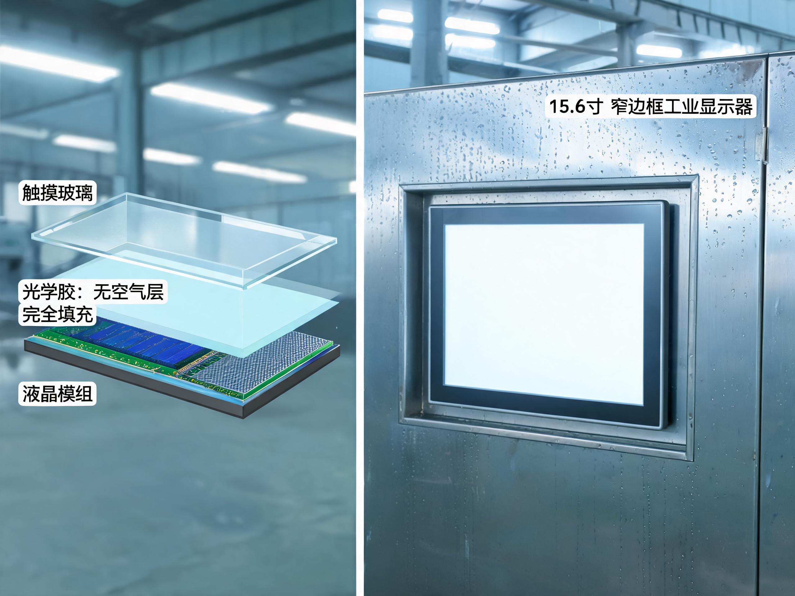 冷热交替下的起雾与触控漂移,多半发生在那层空气腔里 15.6寸工业显示器全贴合光学结构窄边框嵌入不锈钢柜体面板低温高湿车间屏面凝露测试