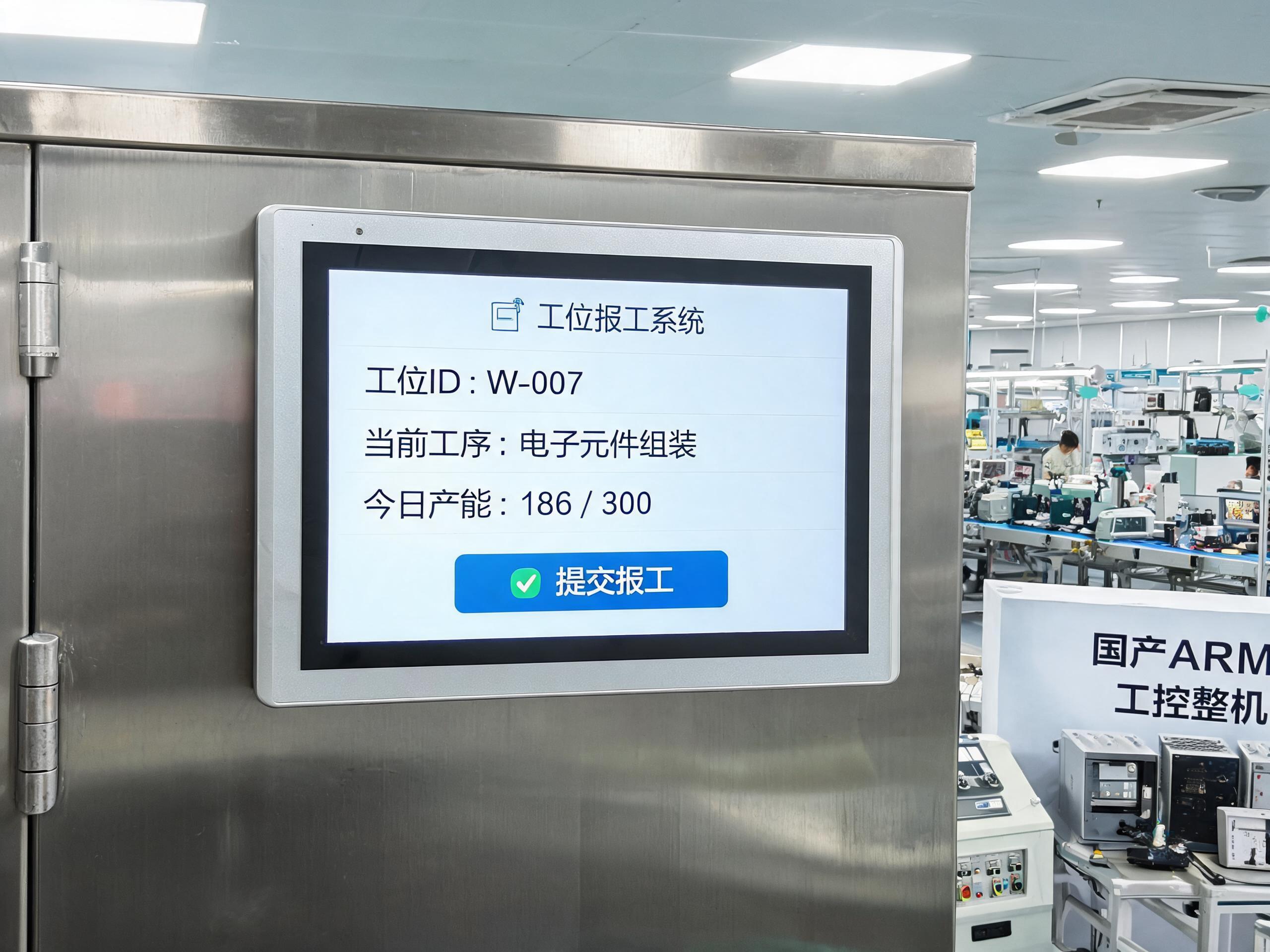 10.1寸安卓工控一体机嵌入式安装在电子组装车间不锈钢控制柜面板承接工位报工