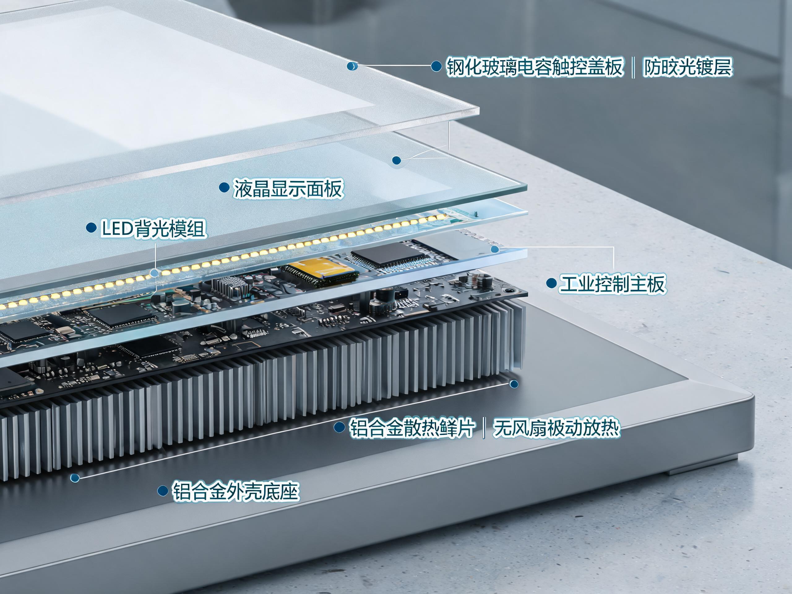 触控层和背光,衰减走的是两条不同的曲线 15.6寸触摸工控一体机电容触控玻璃盖板与背光模组分层结构及散热鳍片特写