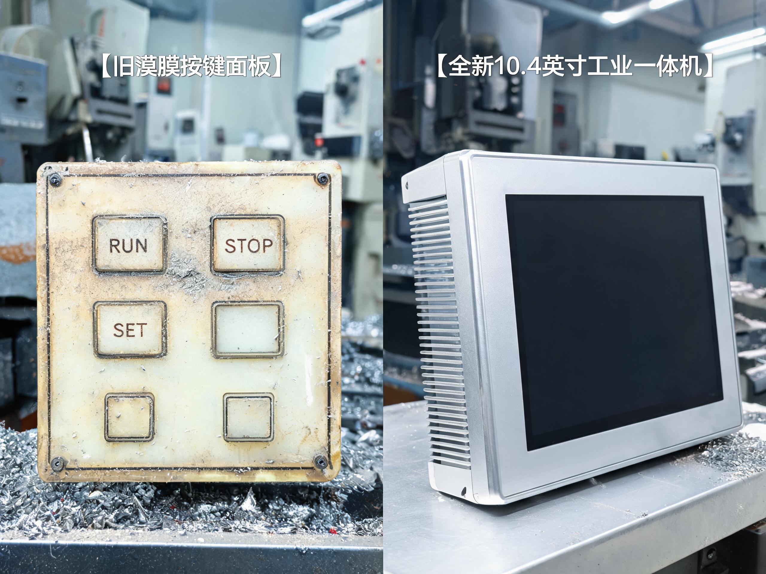 10.4英寸工控一体机全铝合金无风扇机身与磨损老化的薄膜按键面板对比