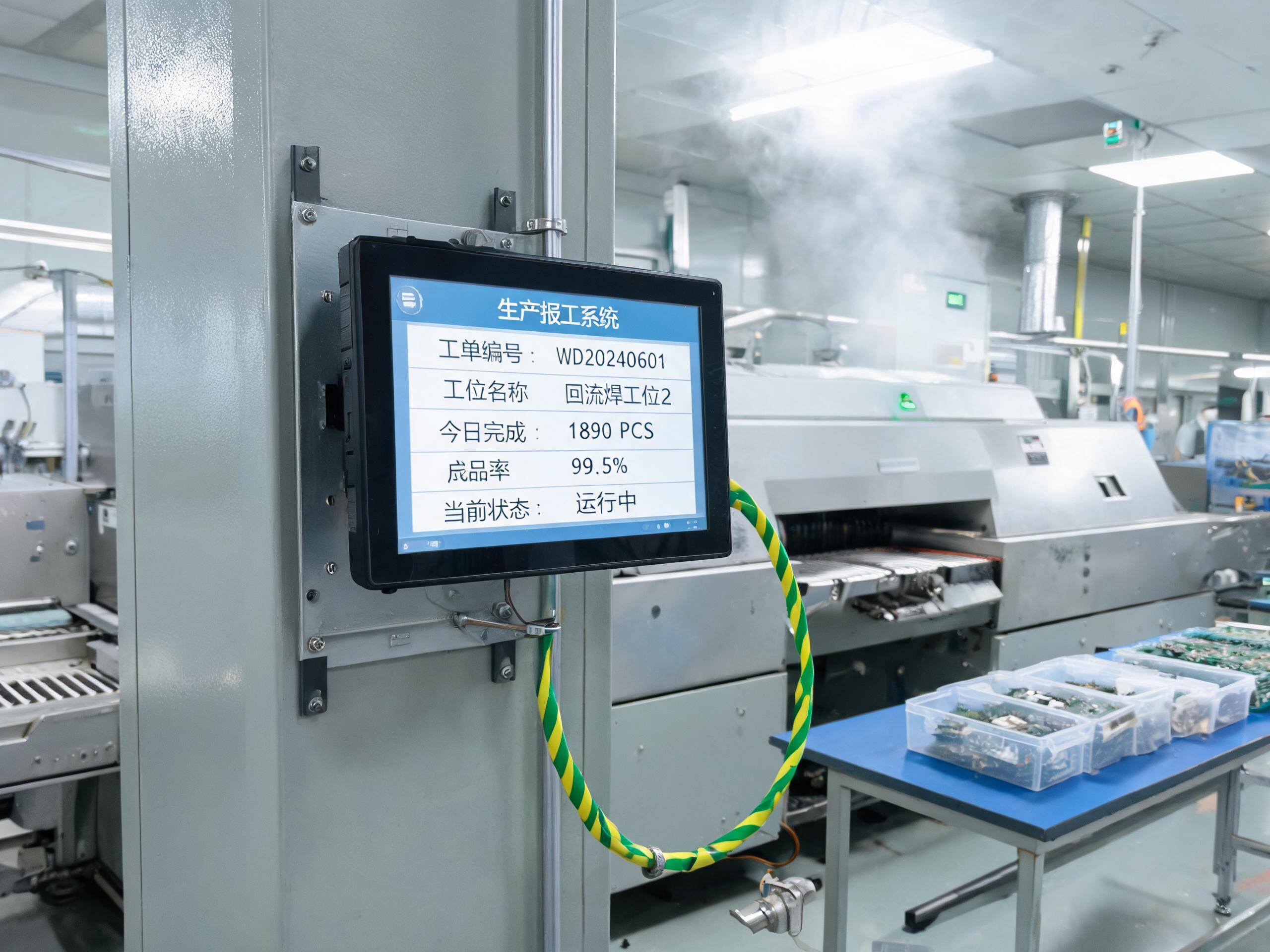 静电与化学气雾,是贴片车间区别于冲压车间的两个变量 工控触控一体机壁挂安装在回流焊区域纯平电容触控屏防静电接地线连接支架助焊剂气雾环境