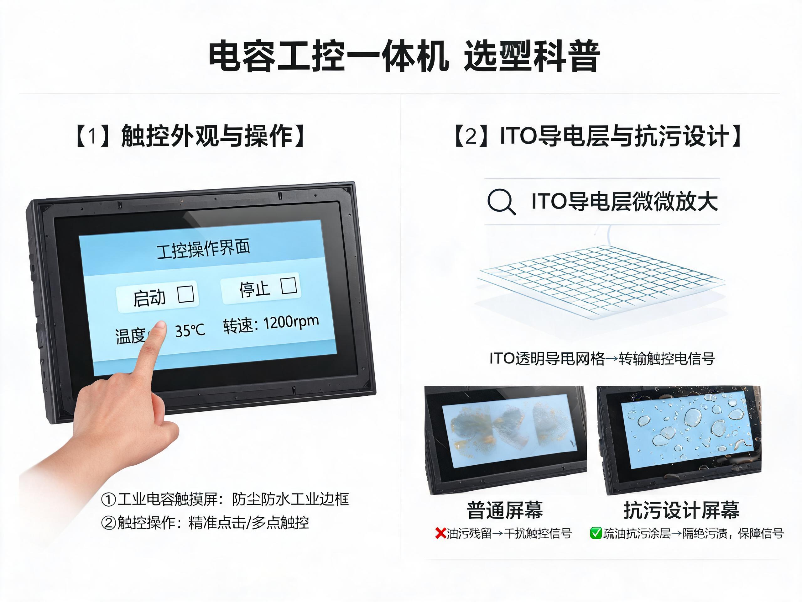 外观看得见,ITO层才决定寿命 内行与外行选型对比,左侧电容触摸屏表面外观右侧ITO导电层微观结构与抗污染设计