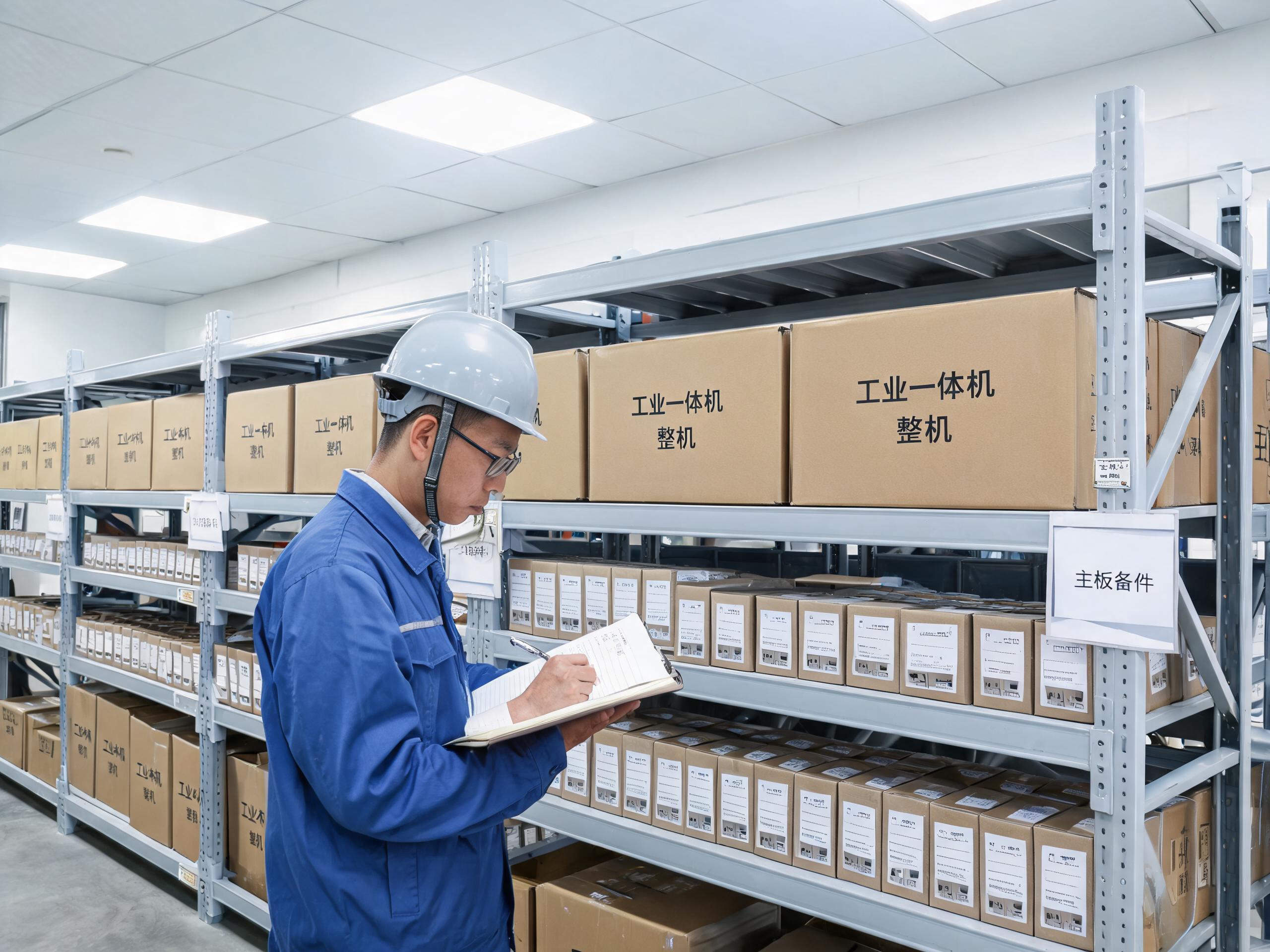 工厂维保库房货架存放同系列MES工业一体机整机与主板备件