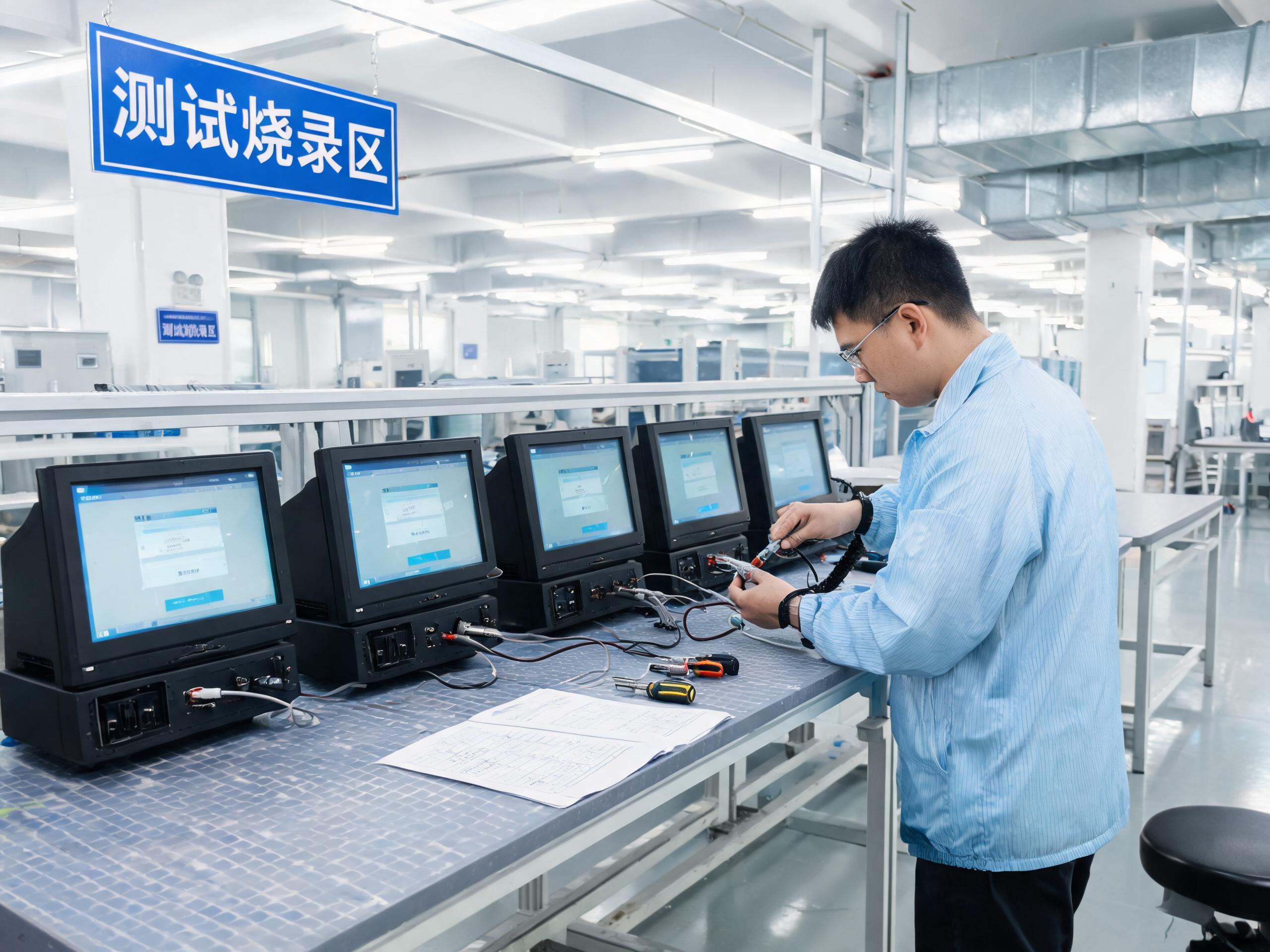 工业厂家平板电脑定制改制车间的测试烧录与抽检工位